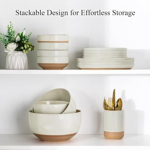 3-Piece Light Beige Ceramic Mixing Bowls Set Nesting Microwave & Dishwasher Safe