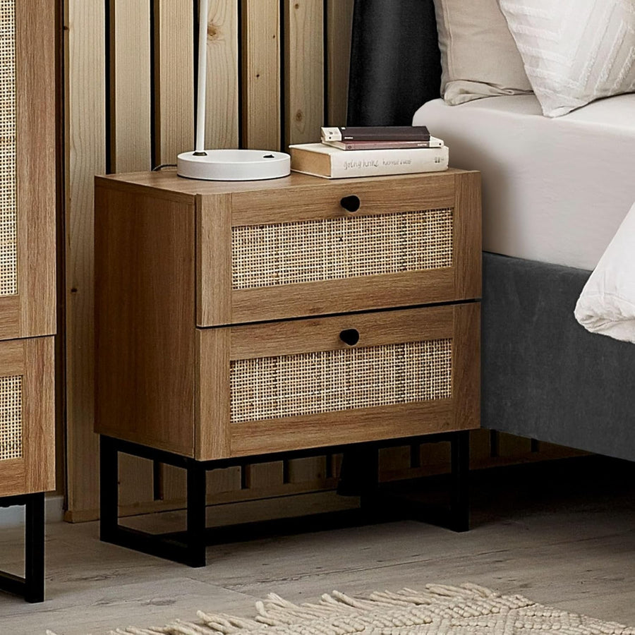 Modern Oak 2 Drawer Bedside Table with Rattan Front 50x30x55cm