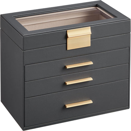 Grey Gold Jewellery Box Glass Lid 4 Layer Organizer with Drawers