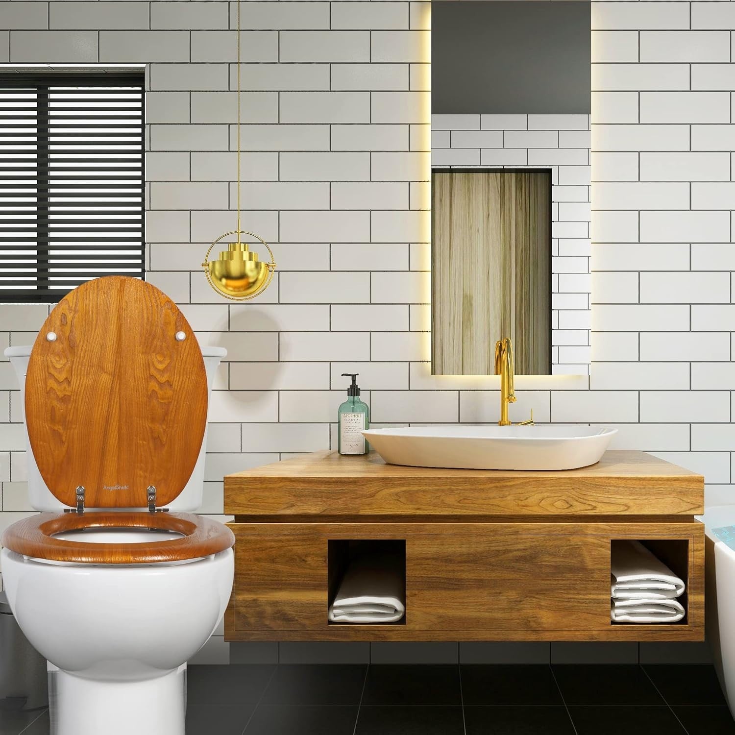 Natural Wooden Toilet Seat Antibacterial Oval Oak Yellow Adjustable Zinc Hinges
