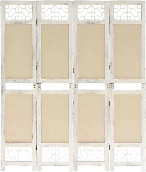 4 Panel Folding Room Divider 165x160cm Cream Wood Fabric Privacy Screen