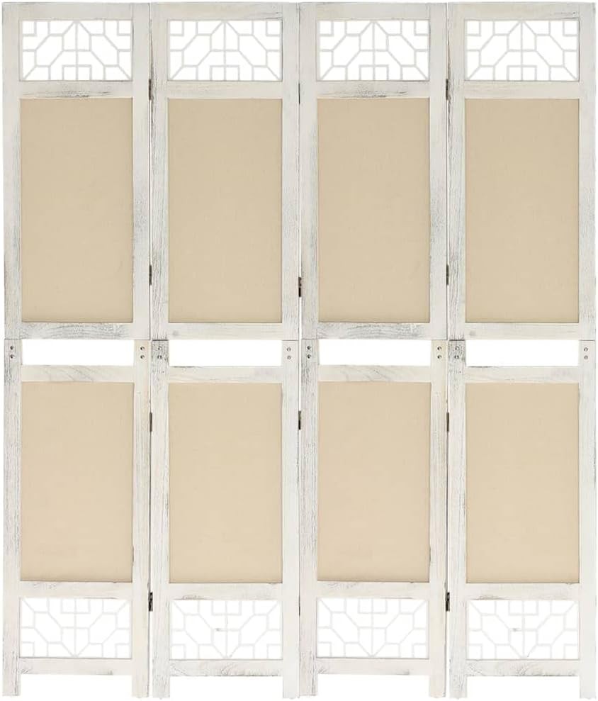 4 Panel Folding Room Divider 165x160cm Cream Wood Fabric Privacy Screen