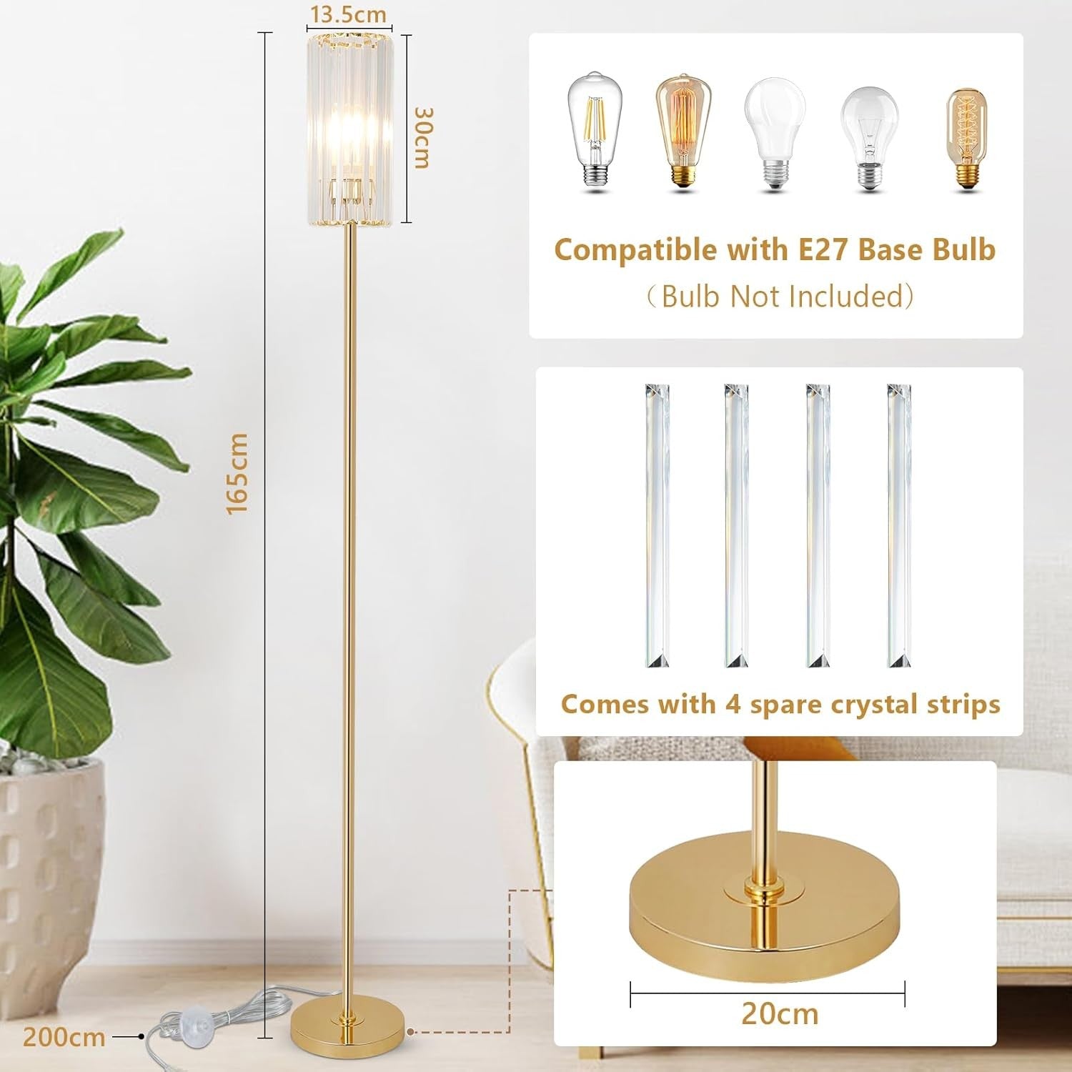 Gold Crystal Floor Lamp Glass Shade Tall Corner Standing Light E27