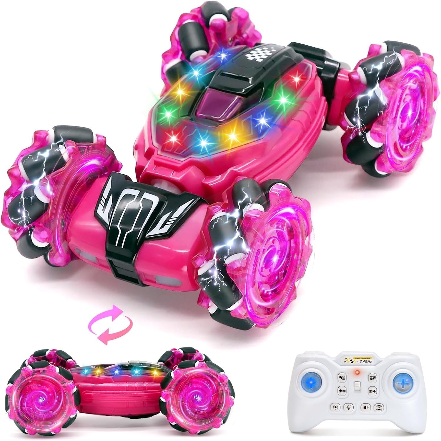 4WD RC Stunt Car 360° Flip – Pink LED Remote Toy for Kids 6–12