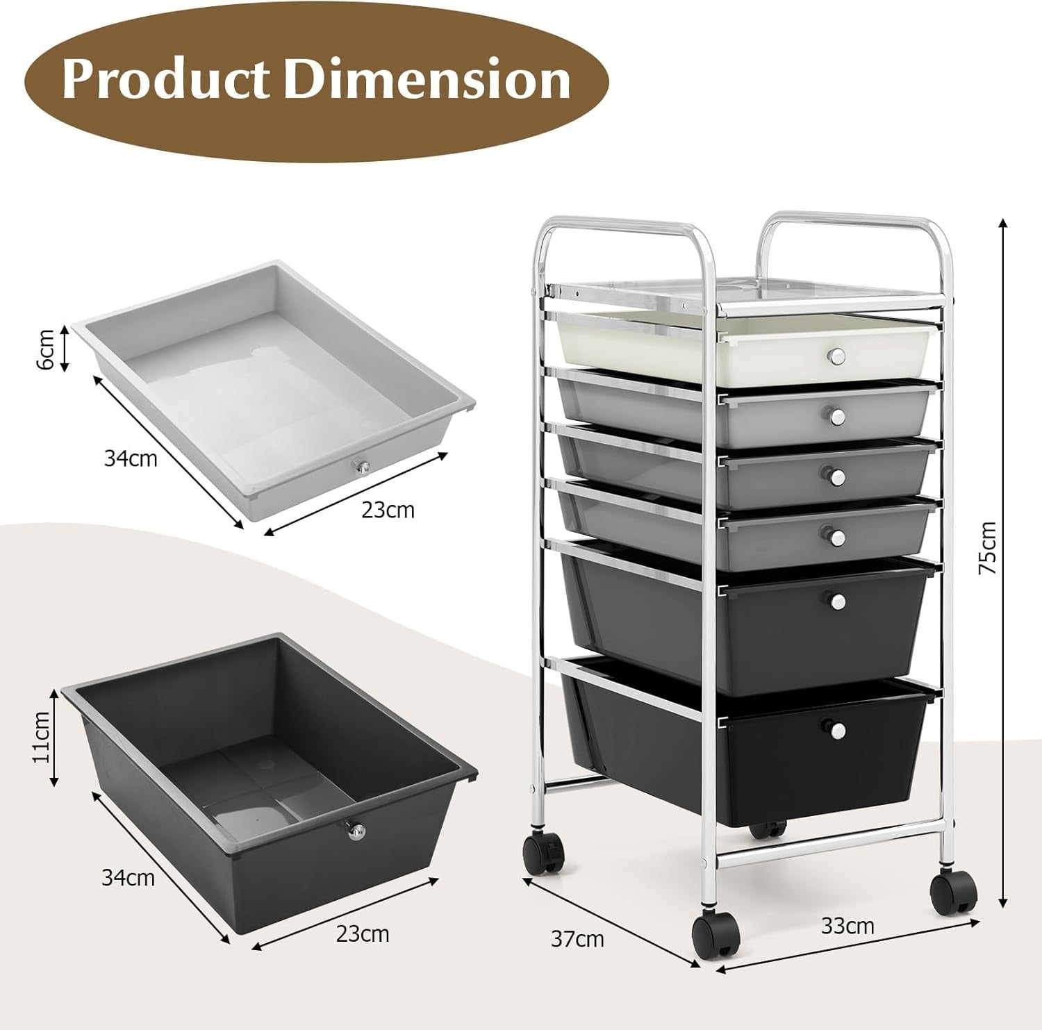 6 Drawer Rolling Storage Cart Utility Trolley Organizer Lockable Wheels