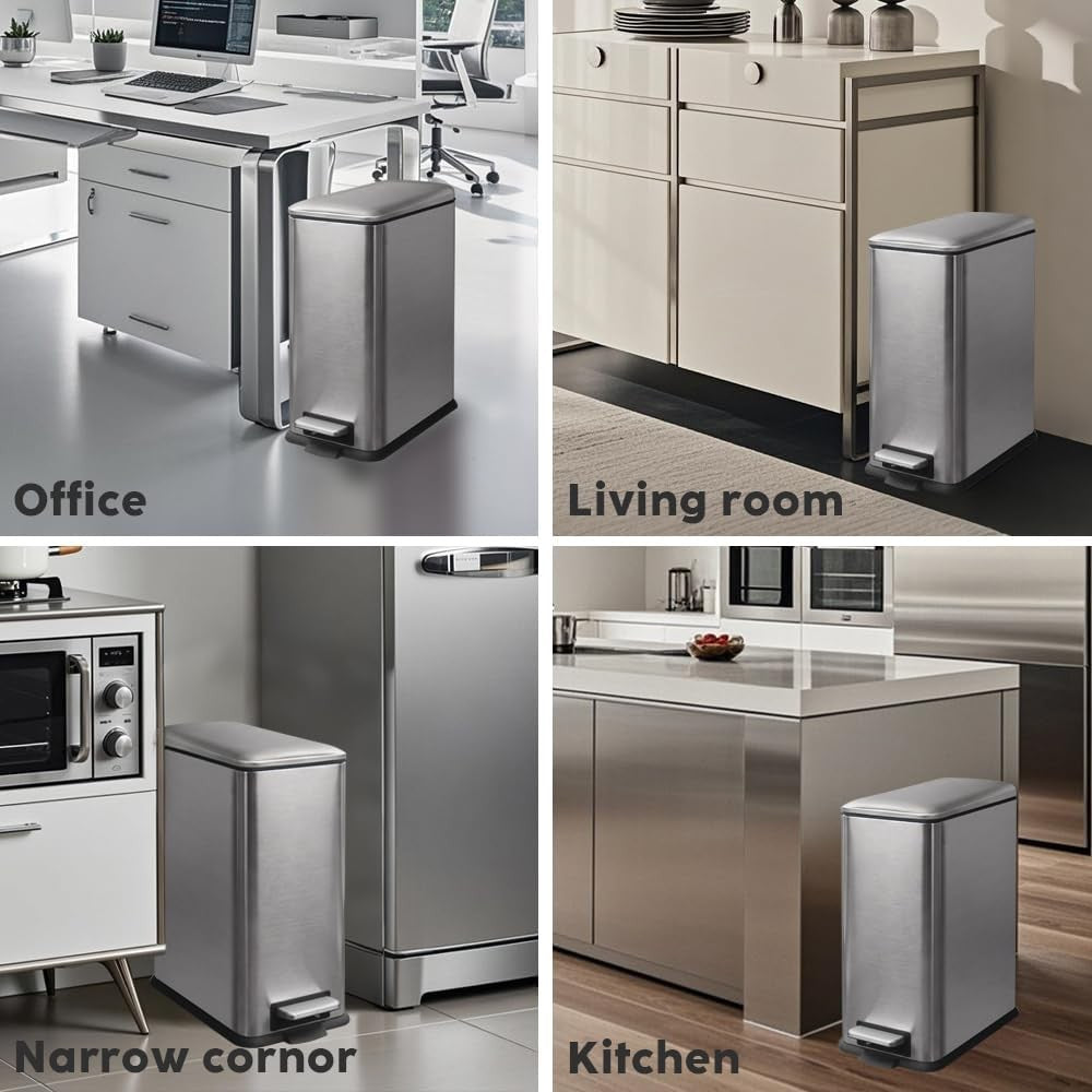 30L Stainless Steel Pedal Bin Slim Kitchen Trash Can Soft Close Grey