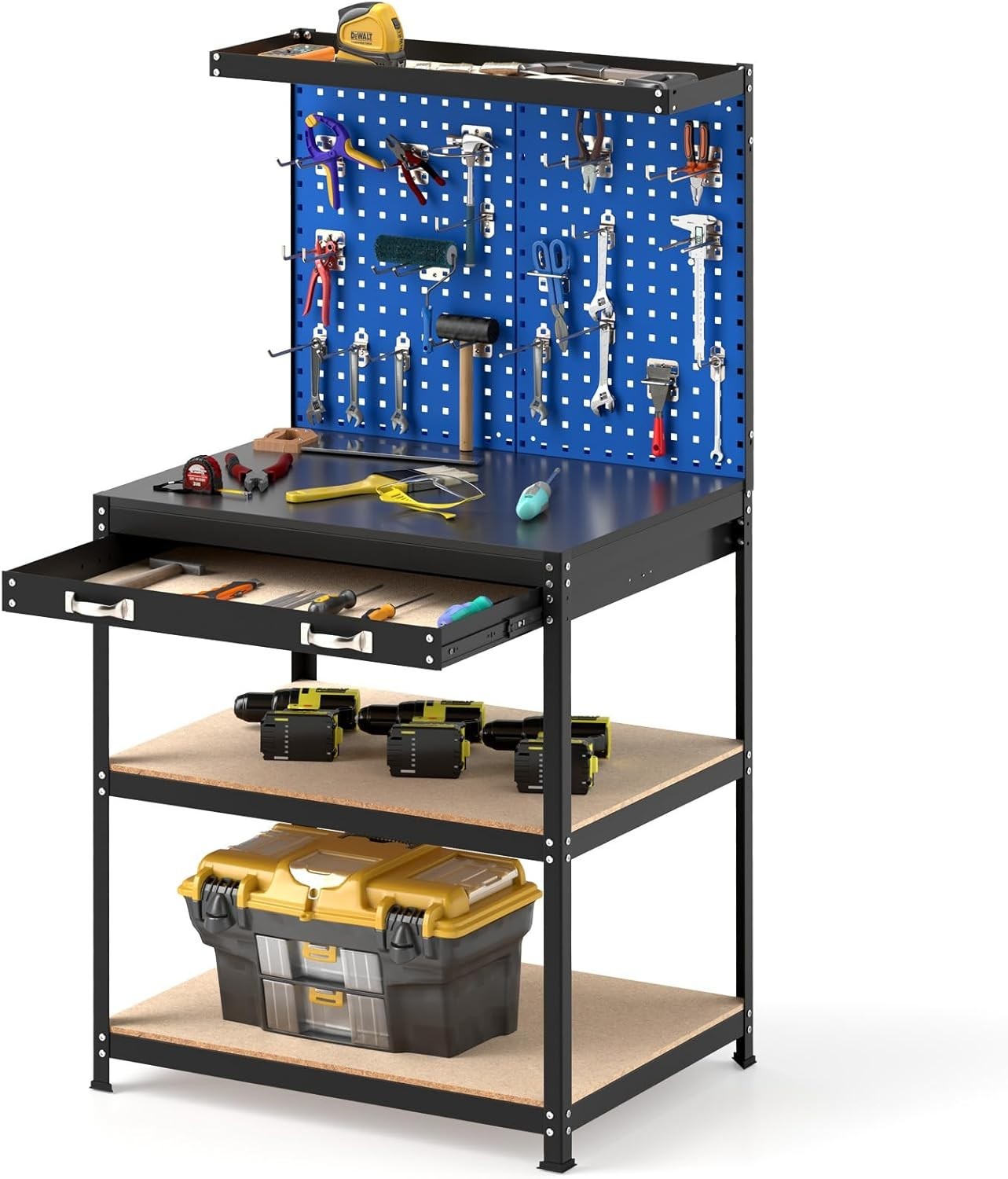 Heavy Duty Workbench 81x41x156cm Navy Pegboard Shelves Drawer 290kg Capacity