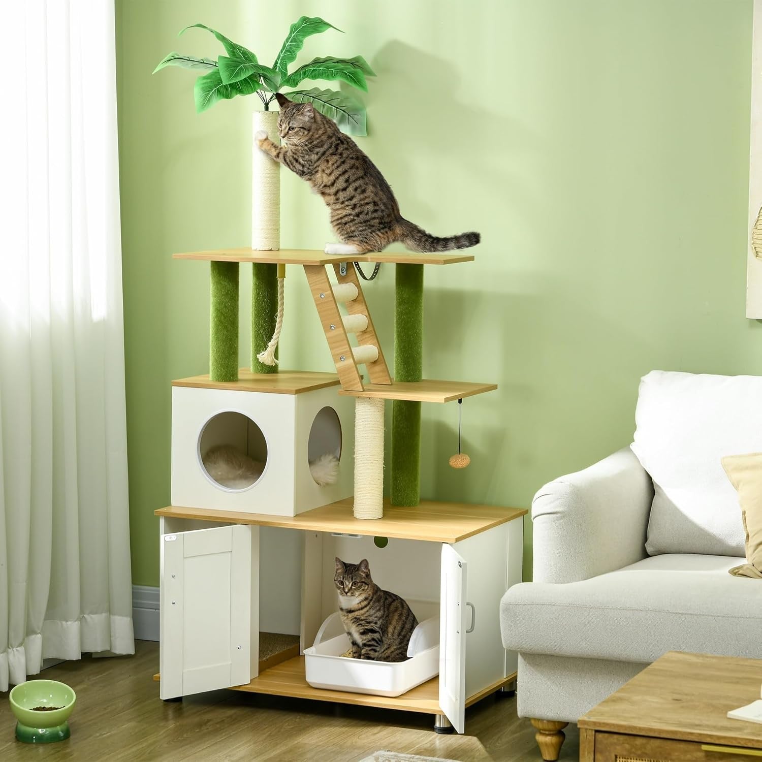 Cat Tree with Hidden Litter Box Cabinet Indoor Tower Scratcher House Ladder