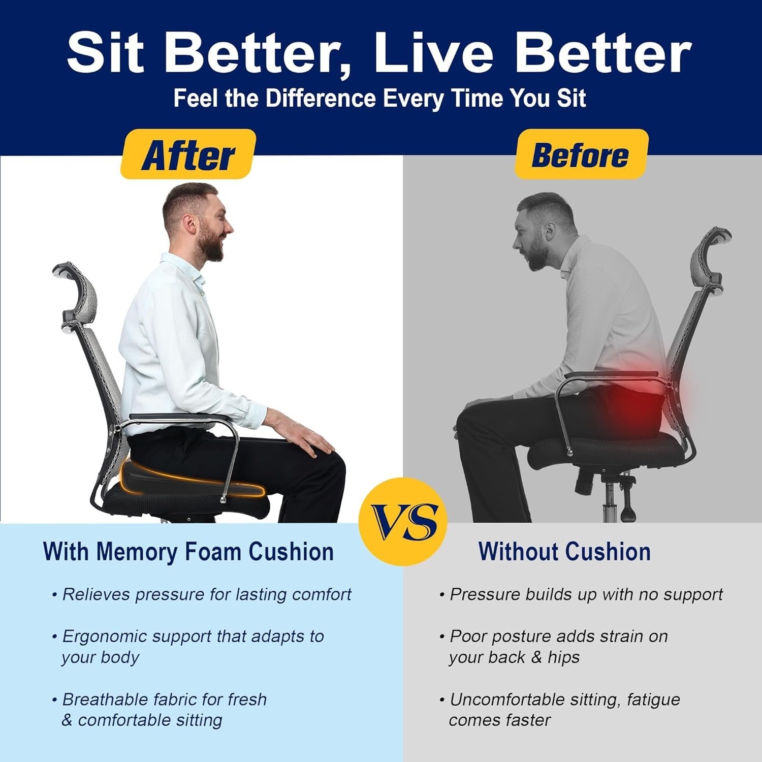 Memory Foam Car Seat Cushion Height Booster Back Pain Relief Office Driving