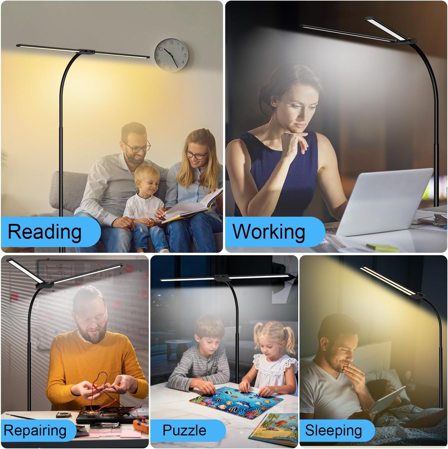 LED Dual Head Floor Lamp Dimmable Remote Gesture Control Reading Light