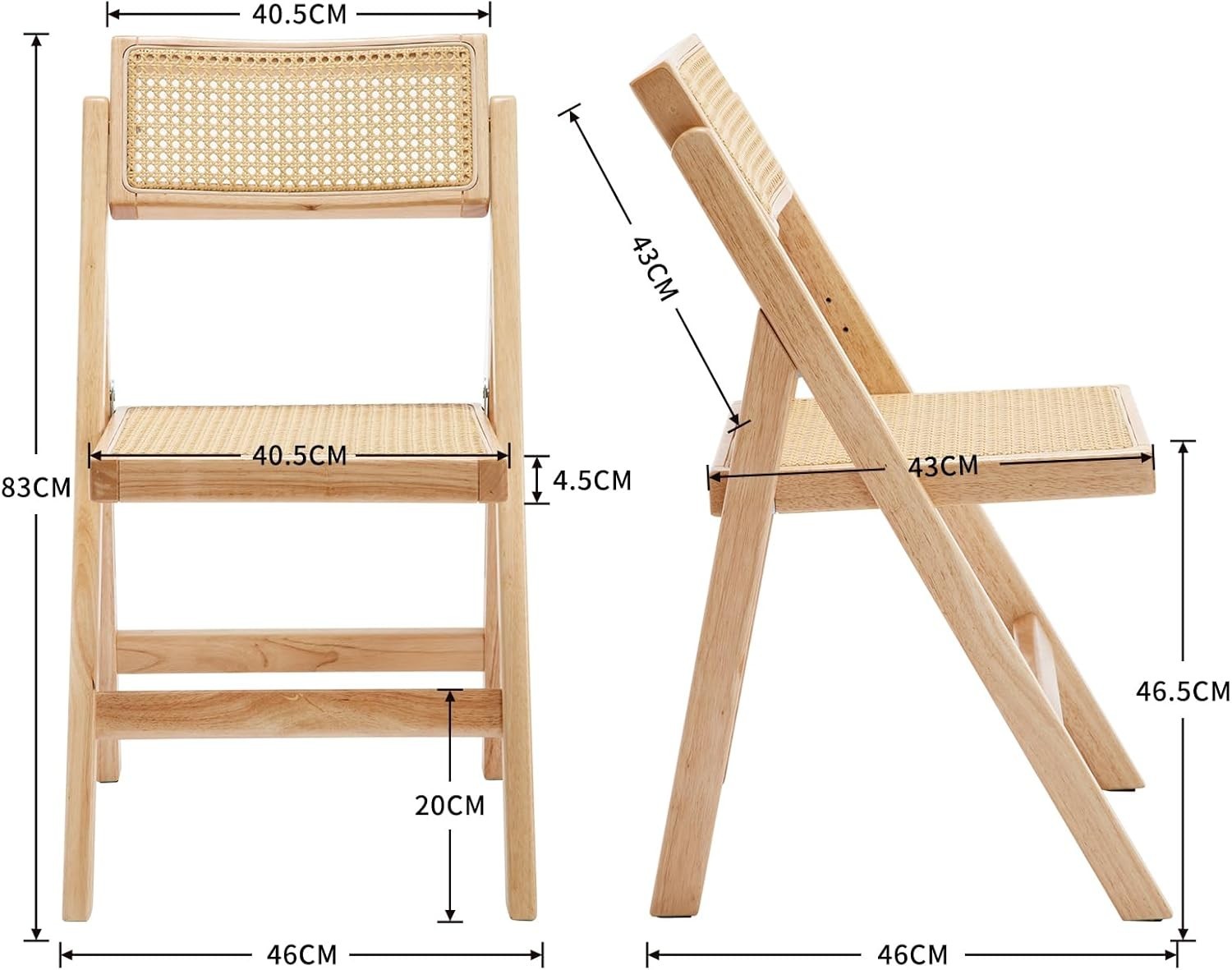 Beige Foldable Rattan Dining Chairs Set of 2 Space Saving Wooden Kitchen Seats