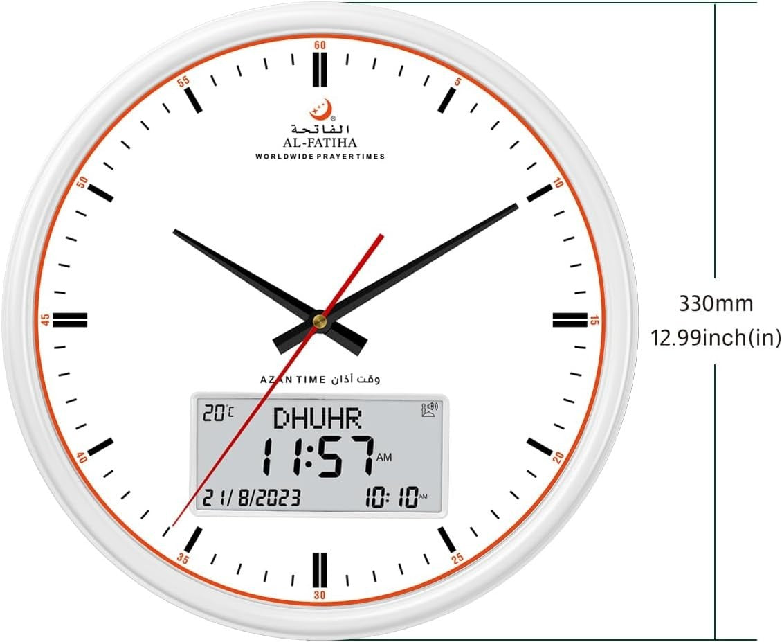 White Digital Azan Prayer Clock with Volume Control, Alarm & Date Display