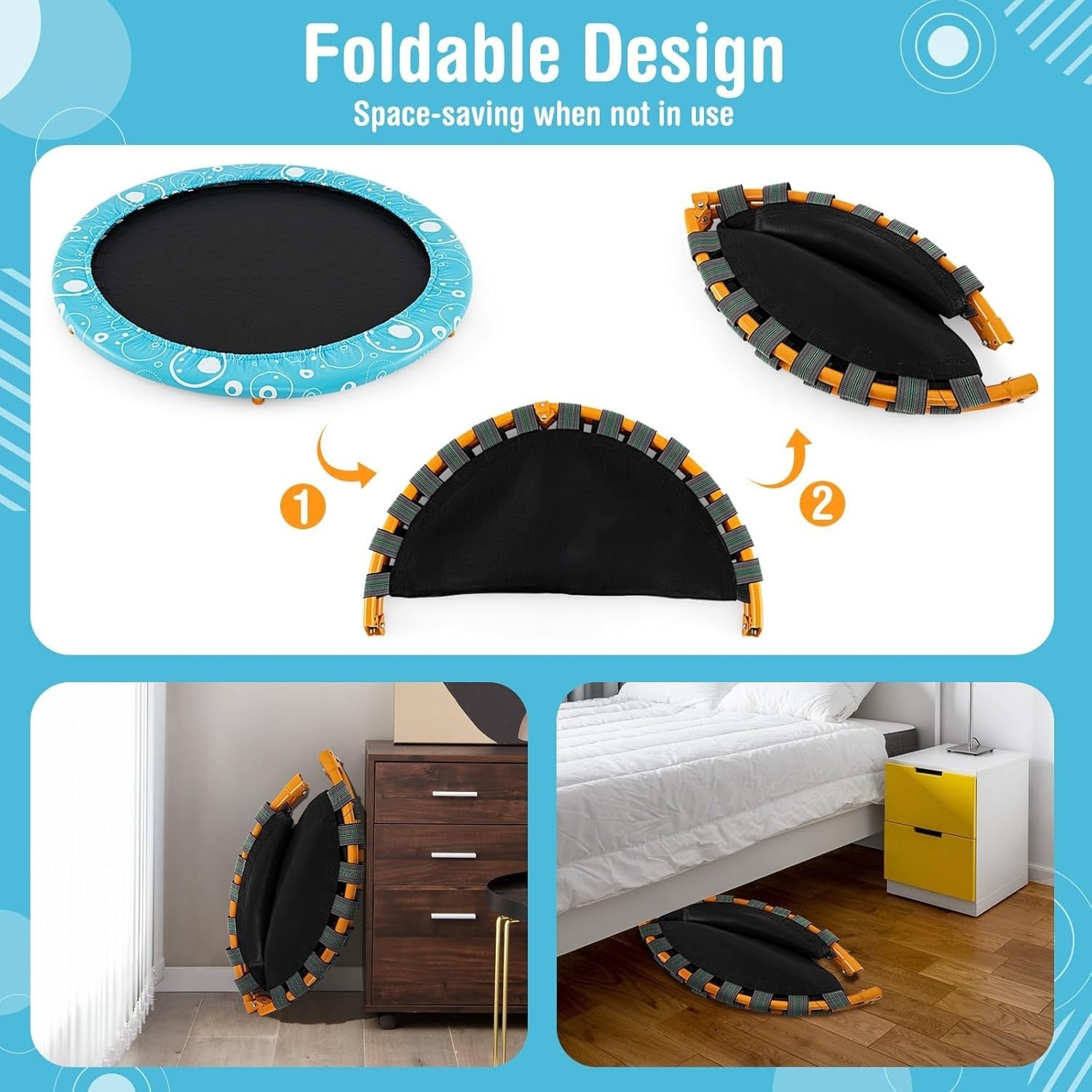 36in Kids Mini Trampoline Foldable Quiet Rebounder Handle Indoor