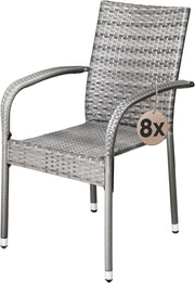 Grey Rattan Garden Armchairs Set of 8 Stackable Outdoor Patio Dining Chairs