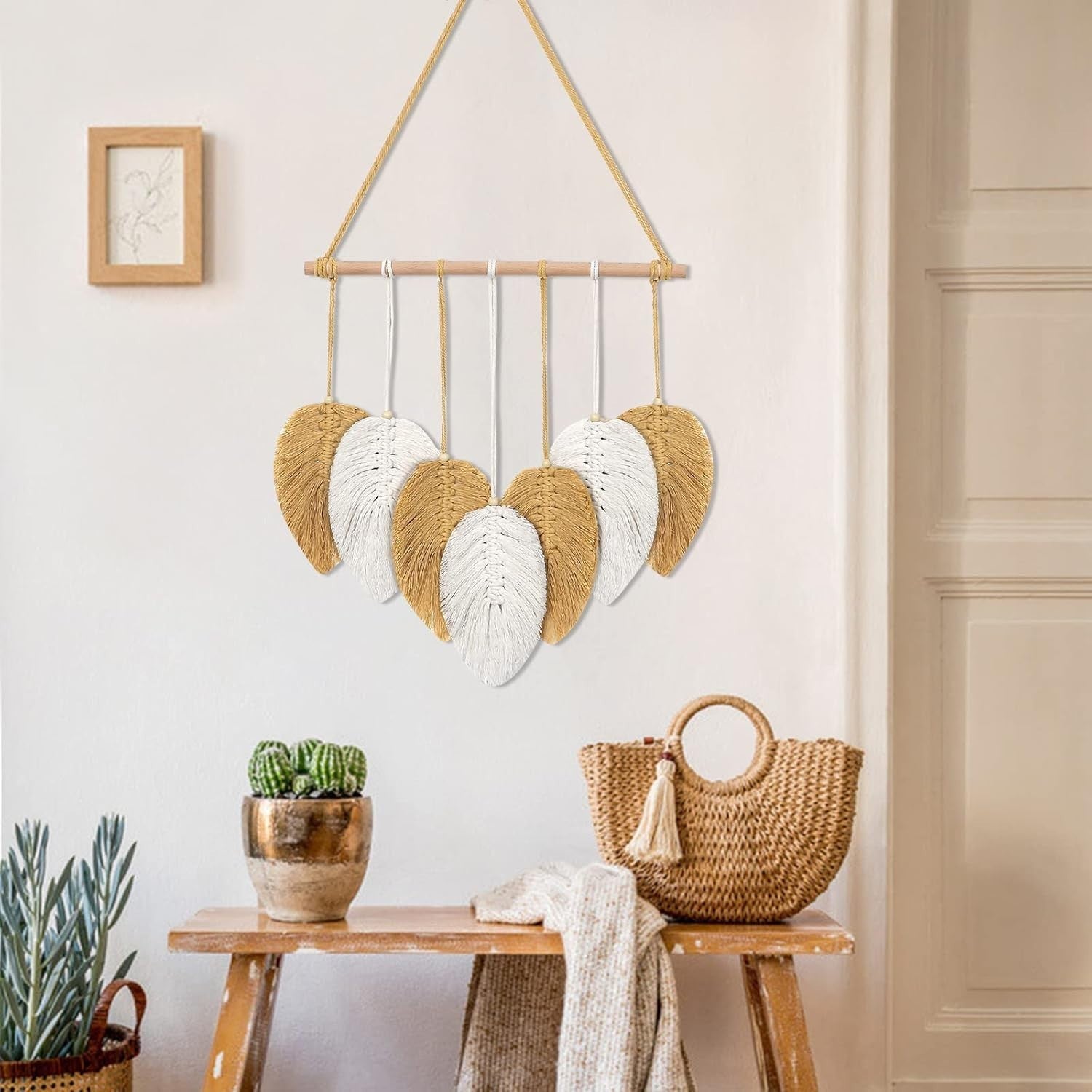 Yellow Macrame Wall Hanging Boho Leaf Feather Tapestry 40x45cm