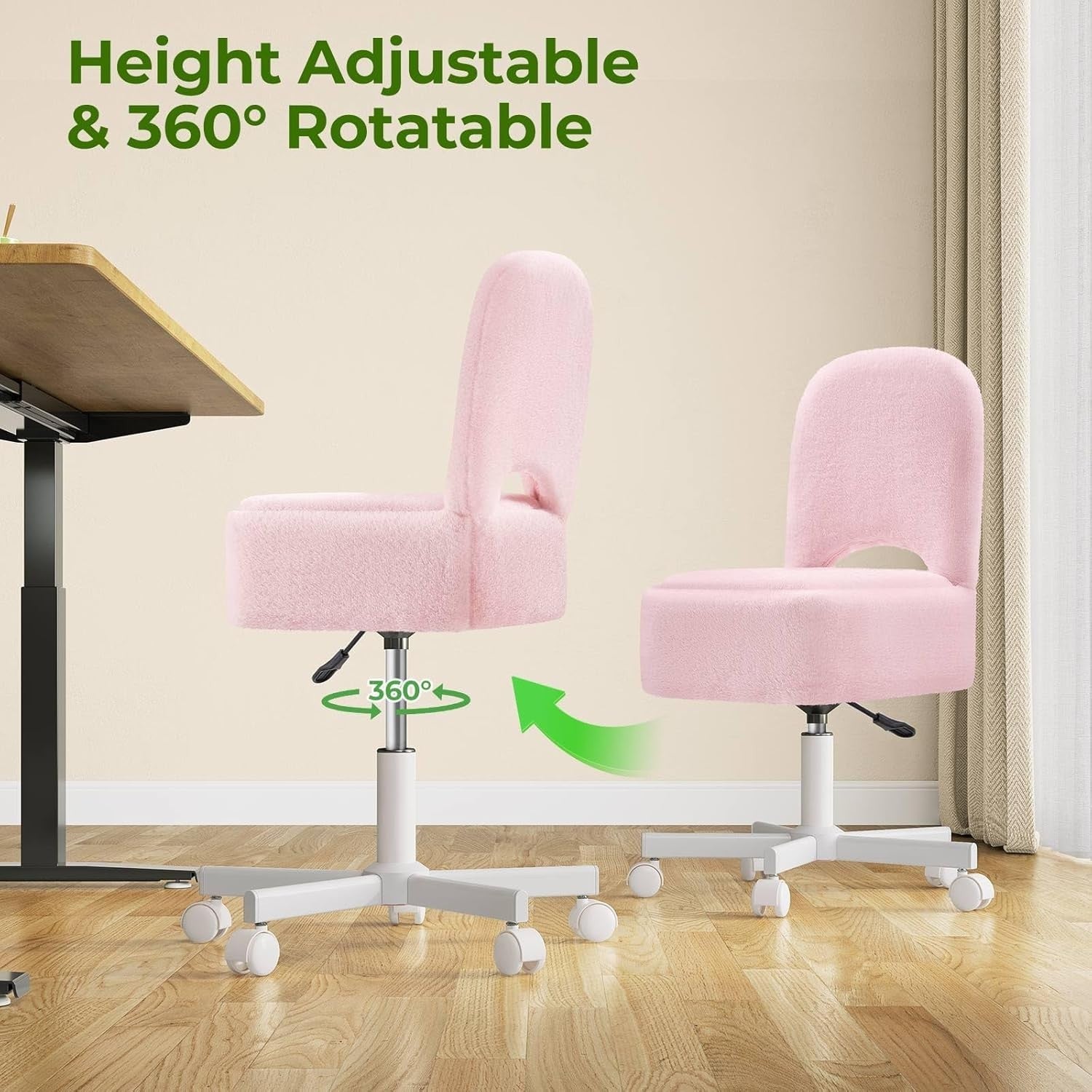 Pink Furry Vanity Chair with Storage Swivel Adjustable Height & Wheels