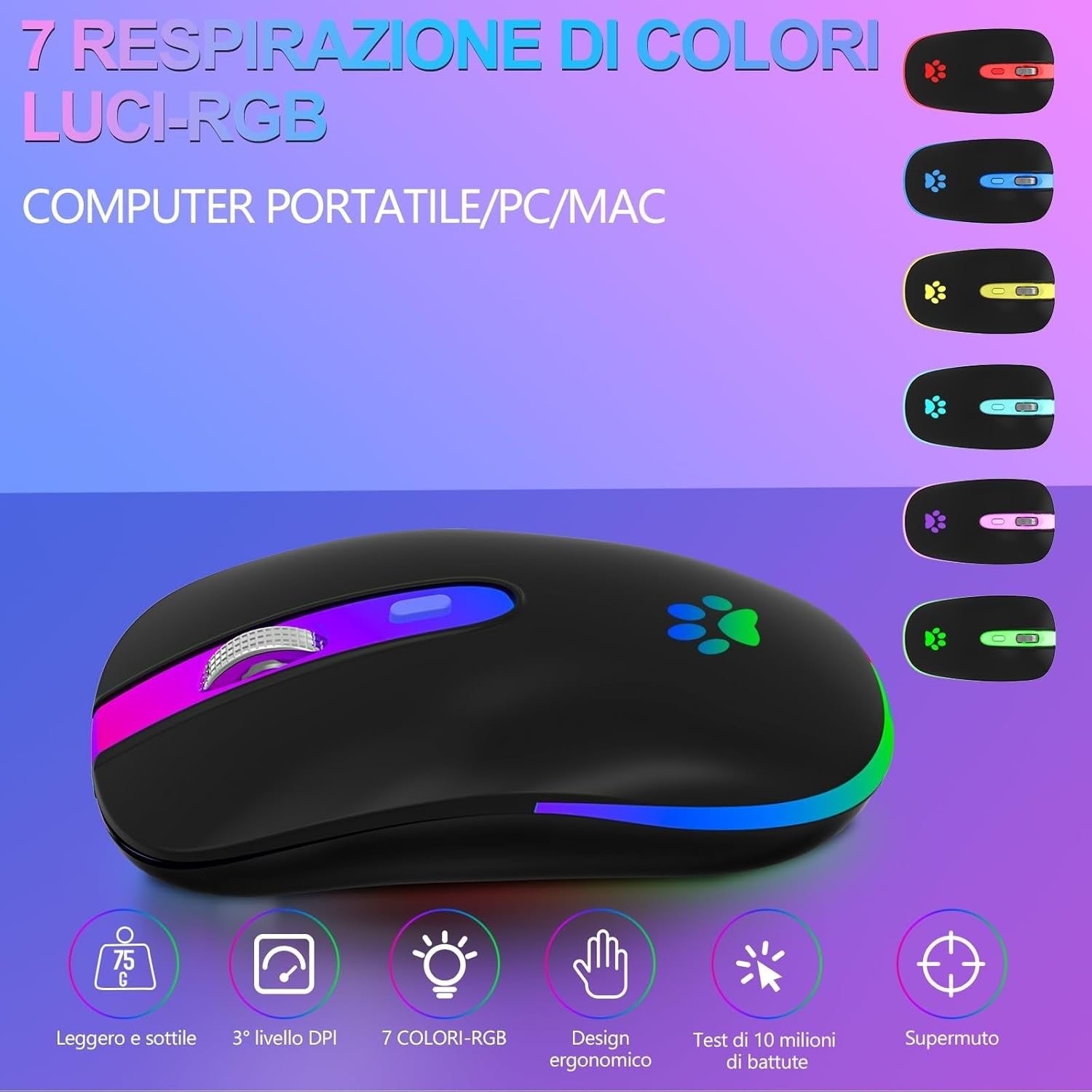 Rechargeable Bluetooth Wireless Mouse 1600 DPI RGB USB Laptop PC