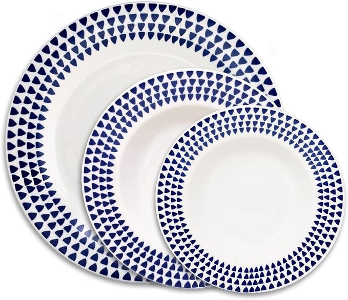 12pc White Ceramic Dinnerware Set Plates Bowls Service for 4 Blue Speckle
