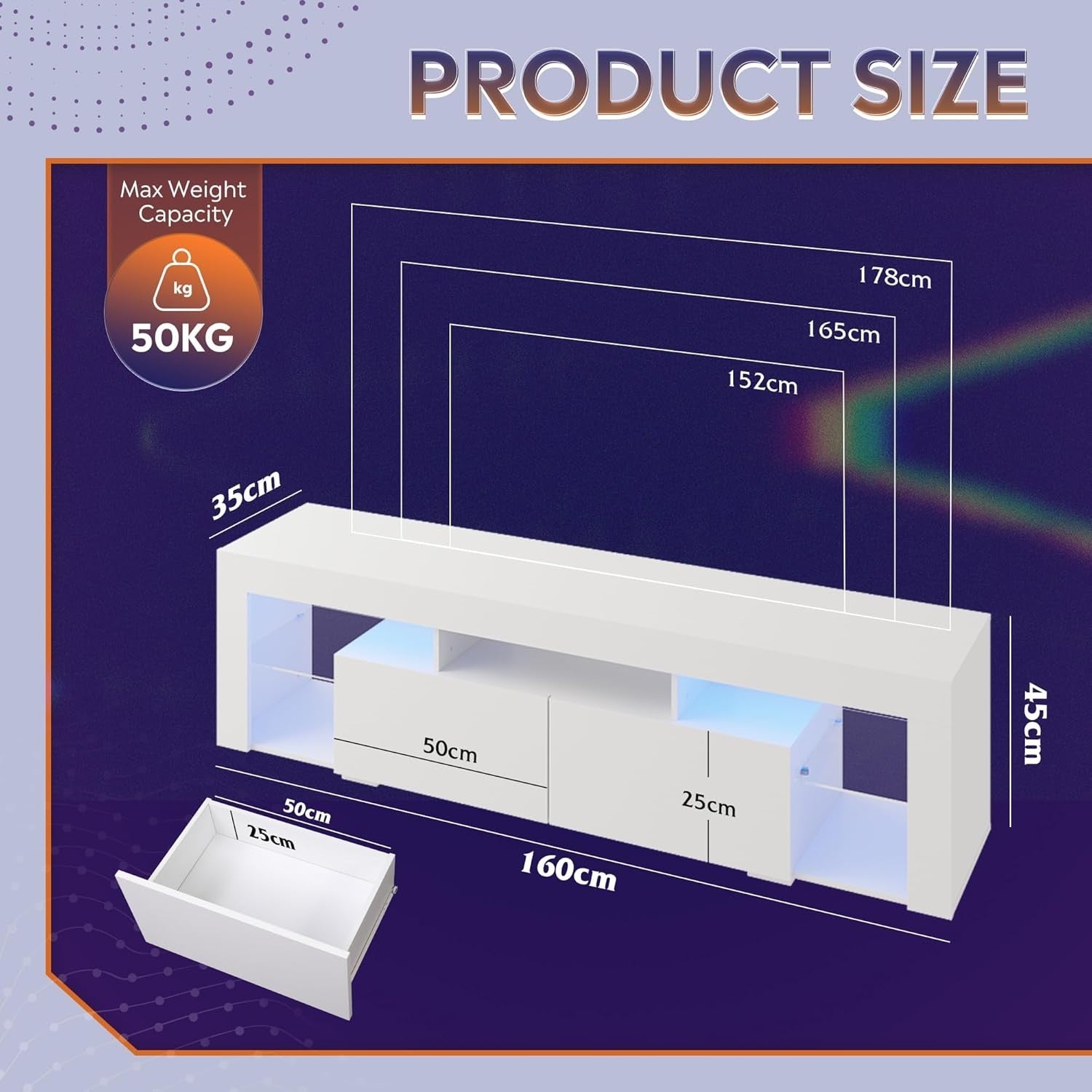160cm White TV Unit Stand with RGB LED, Storage Drawers & Shelves, 75" Fit