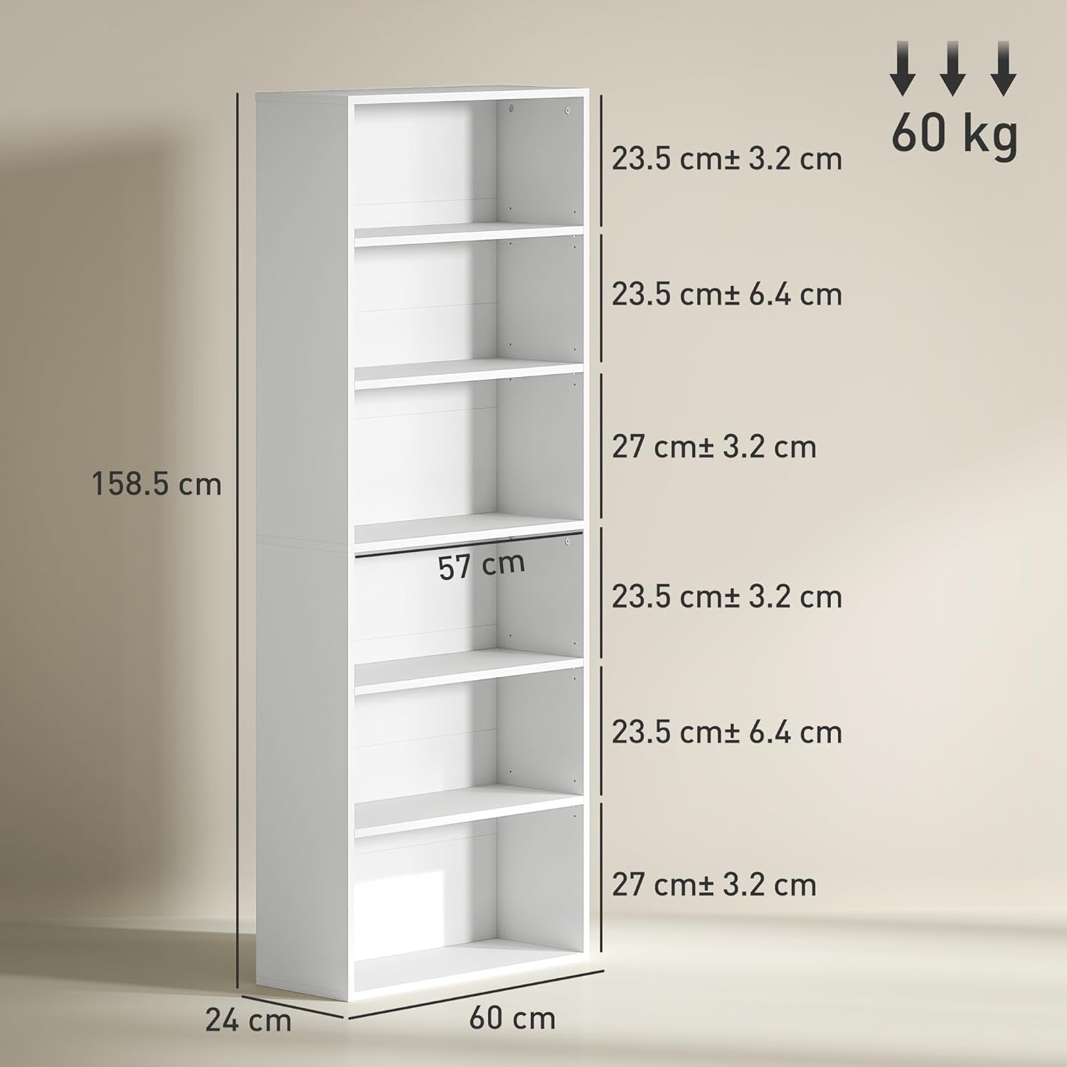 White 6-Tier Tall Bookcase Adjustable Shelves Modern Slim Storage Display Unit