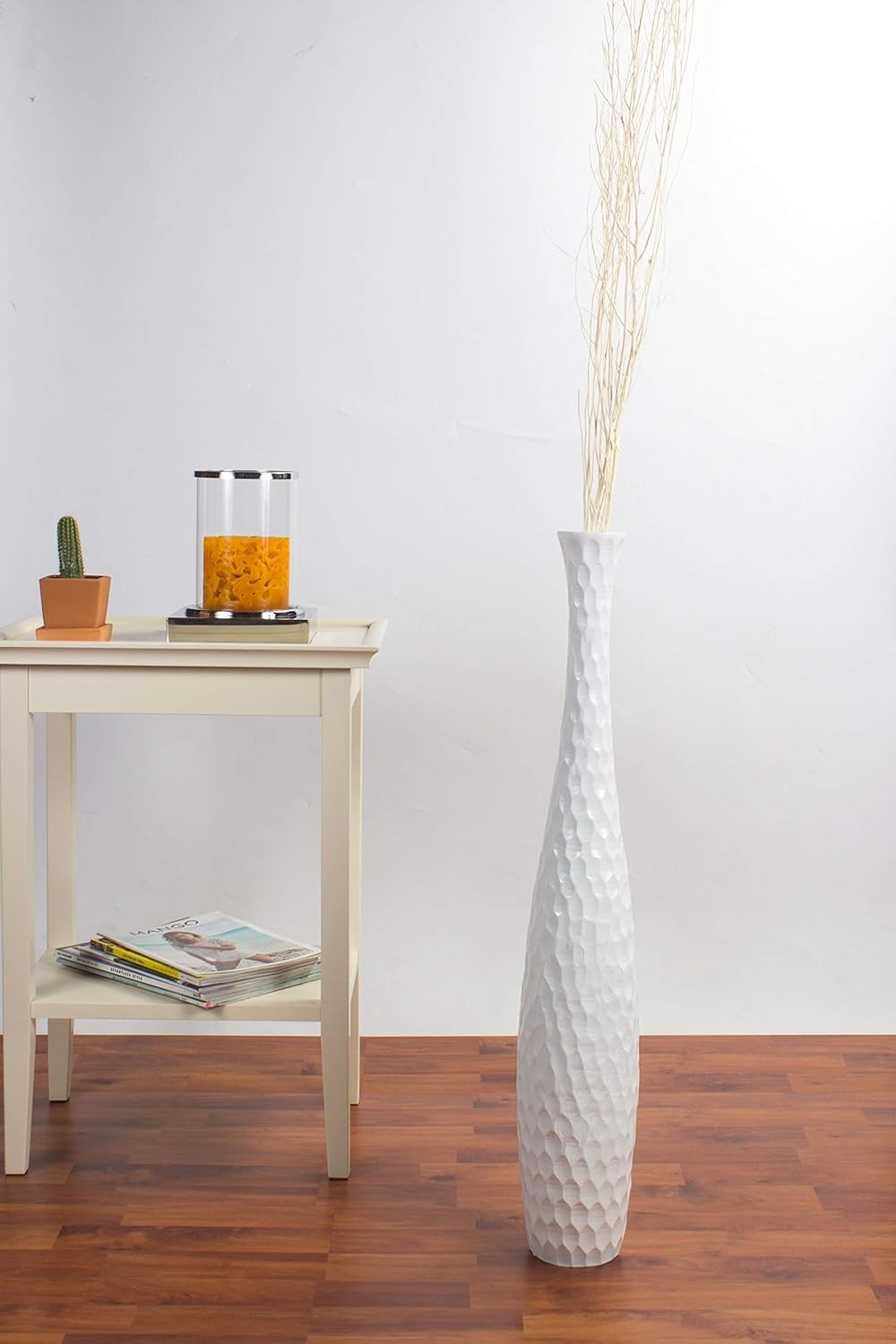 White Honeycomb Floor Vase 65cm Tall Wooden Decor for Pampas Grass