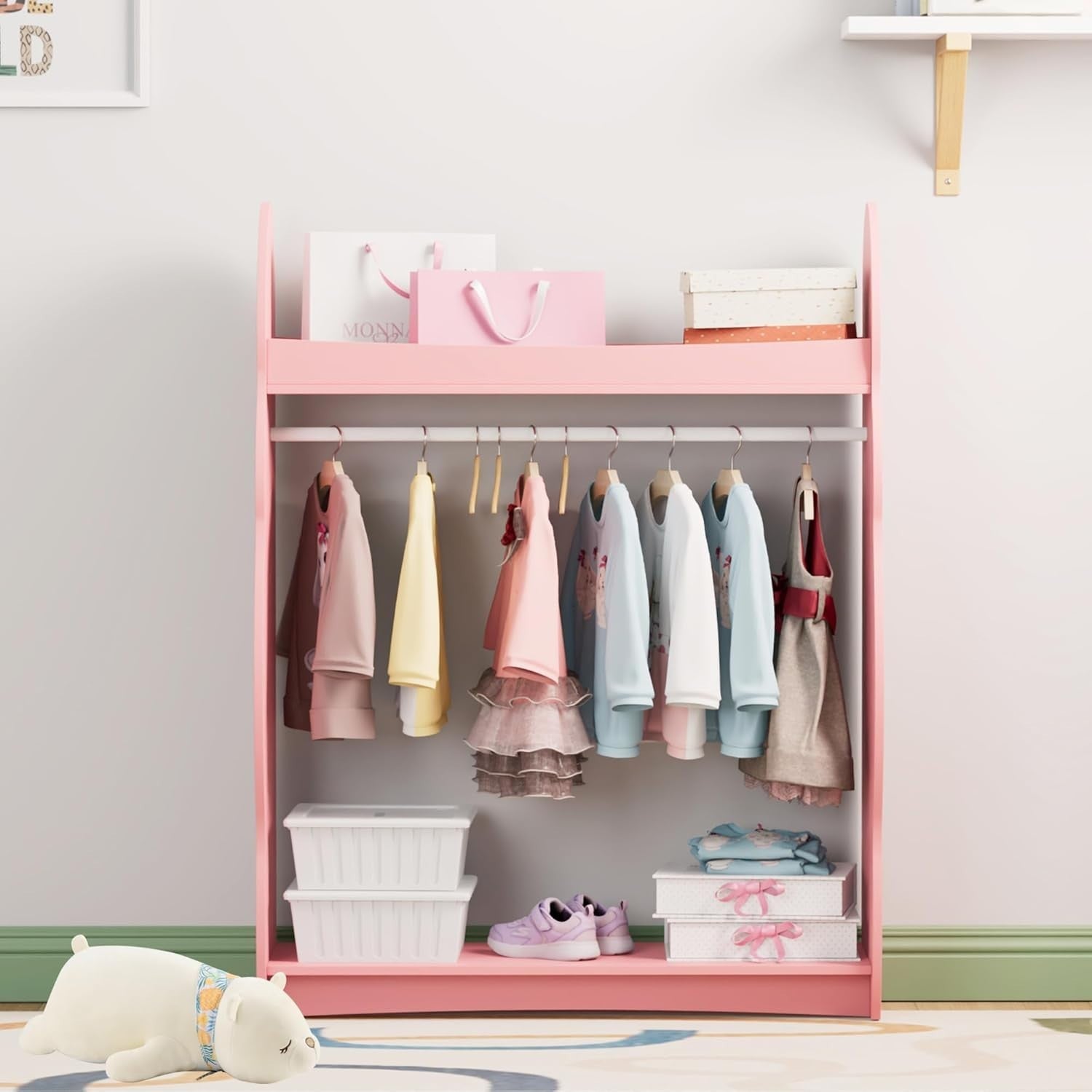 Kids Wardrobe with Mirror & Hanging Rail, No Drawer, Pink Cloud Design