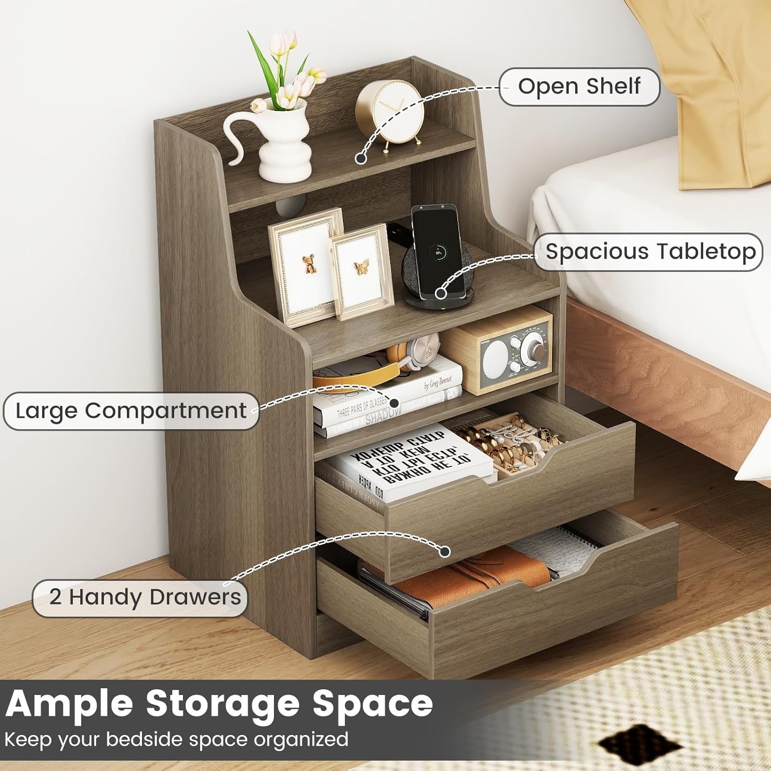 Grey LED Bedside Tables with Charging Station, Drawers & RGB Shelves (Set of 2)