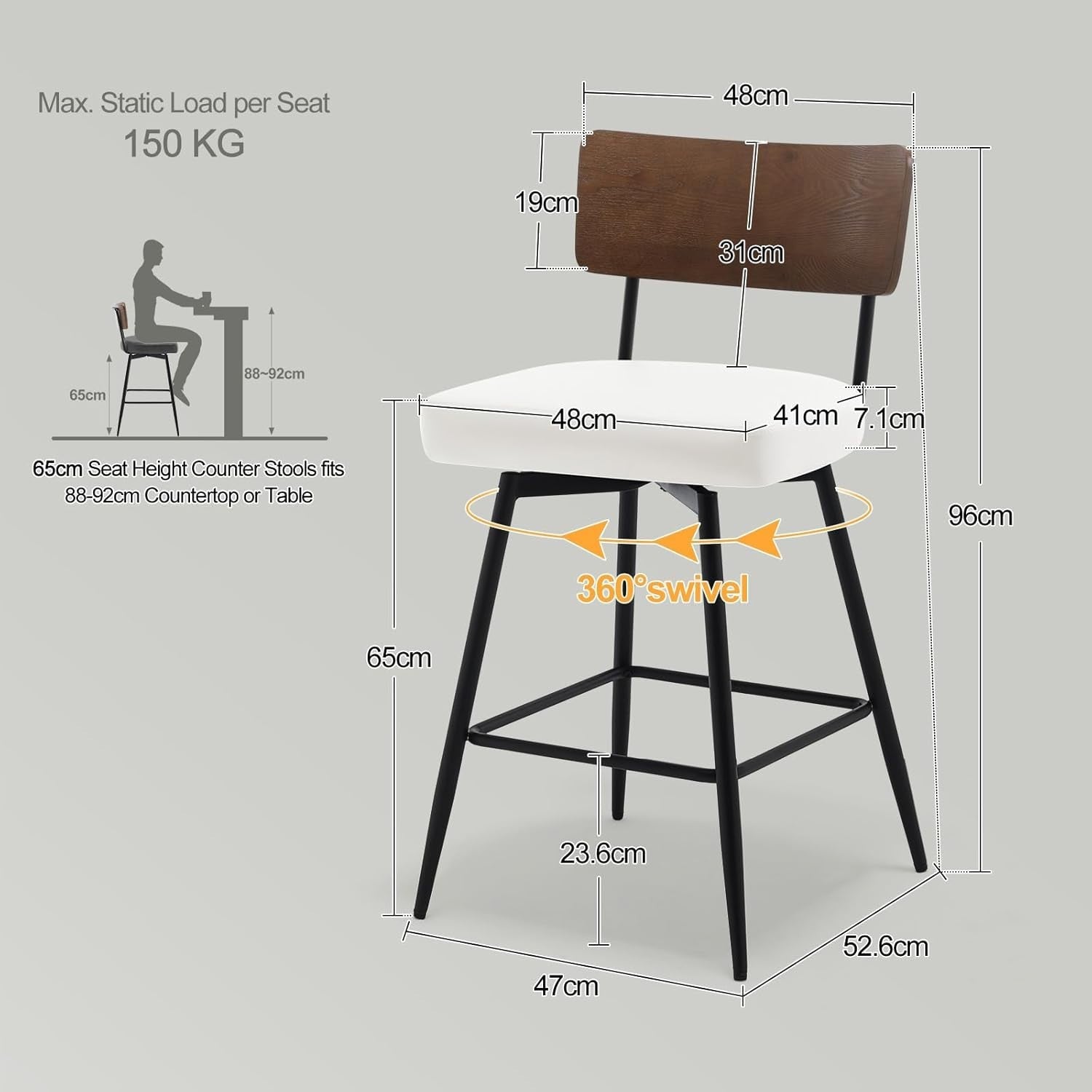 Swivel Bar Stools Set of 2 PU Leather White Wood Back 65cm Seat