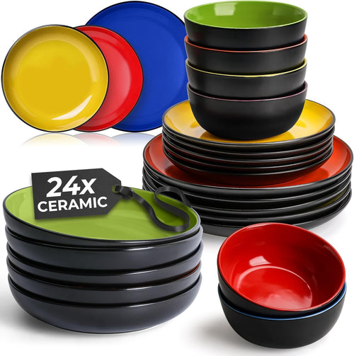 24pc Stoneware Dinner Set Mixed Colours Plates Bowls Service for 6 Kitchen