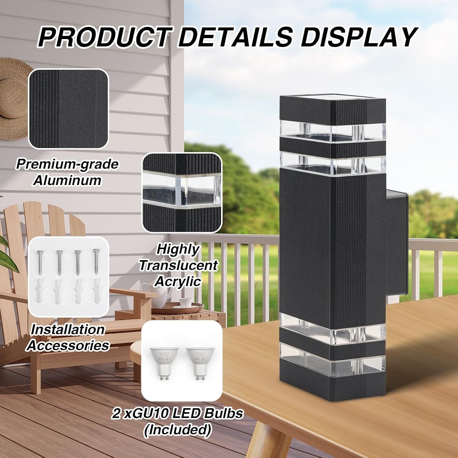 2x Outdoor Up Down Wall Lights Modern Waterproof Black Sconce Patio Garden