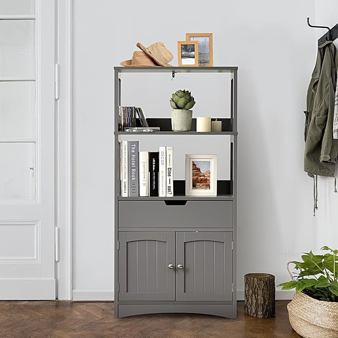 Grey Wooden Storage Cabinet Freestanding Unit with Shelves Drawer Cupboard