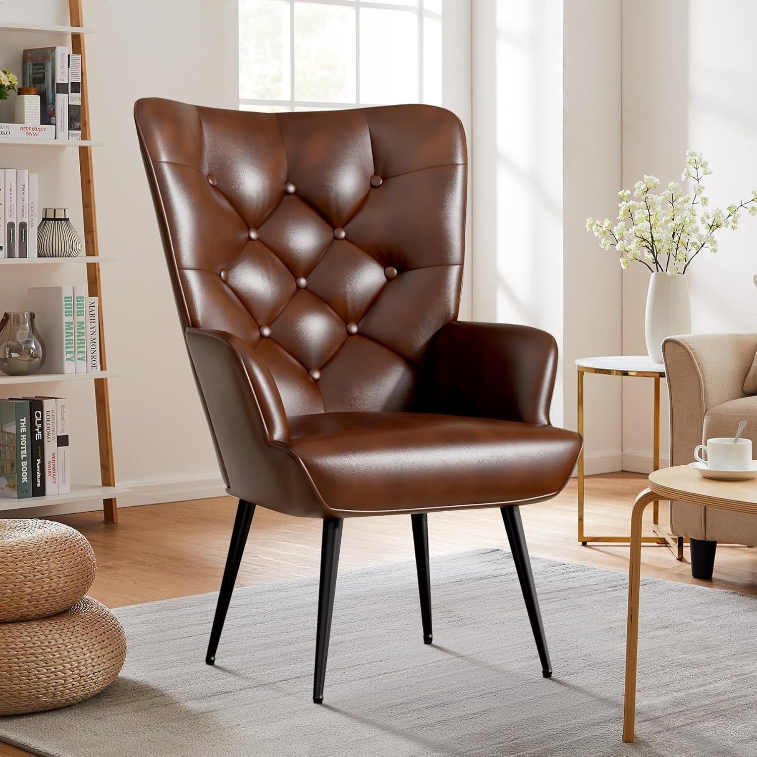 High Back Leather Armchair Gold Legs Comfy Lounge Chair 150kg Capacity