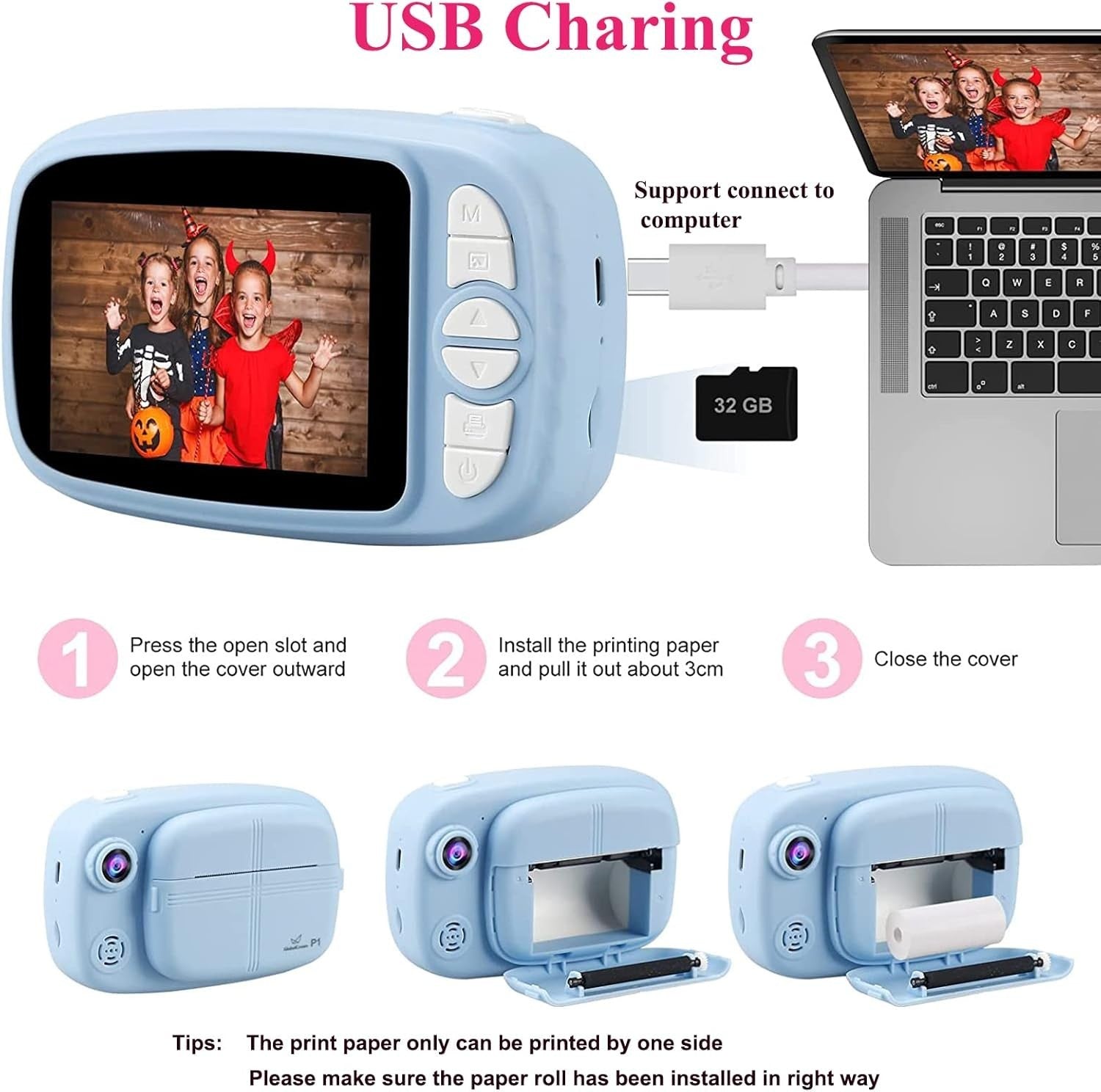 Kids Instant Print Camera 12MP 1080P HD 32GB Card 4 Paper Rolls