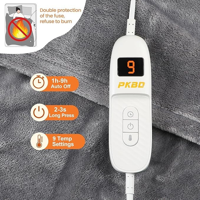 Electric Heated Throw Blanket 160x130cm 9 Heat Levels Auto Off Washable