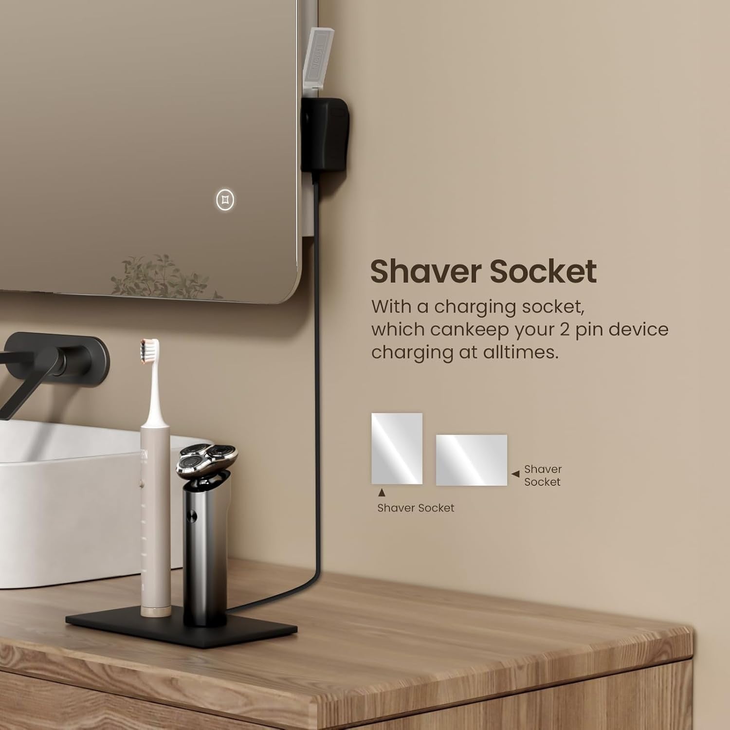 LED Bathroom Mirror 50x70cm Anti-Fog Backlit Touch Sensor Shaver Socket