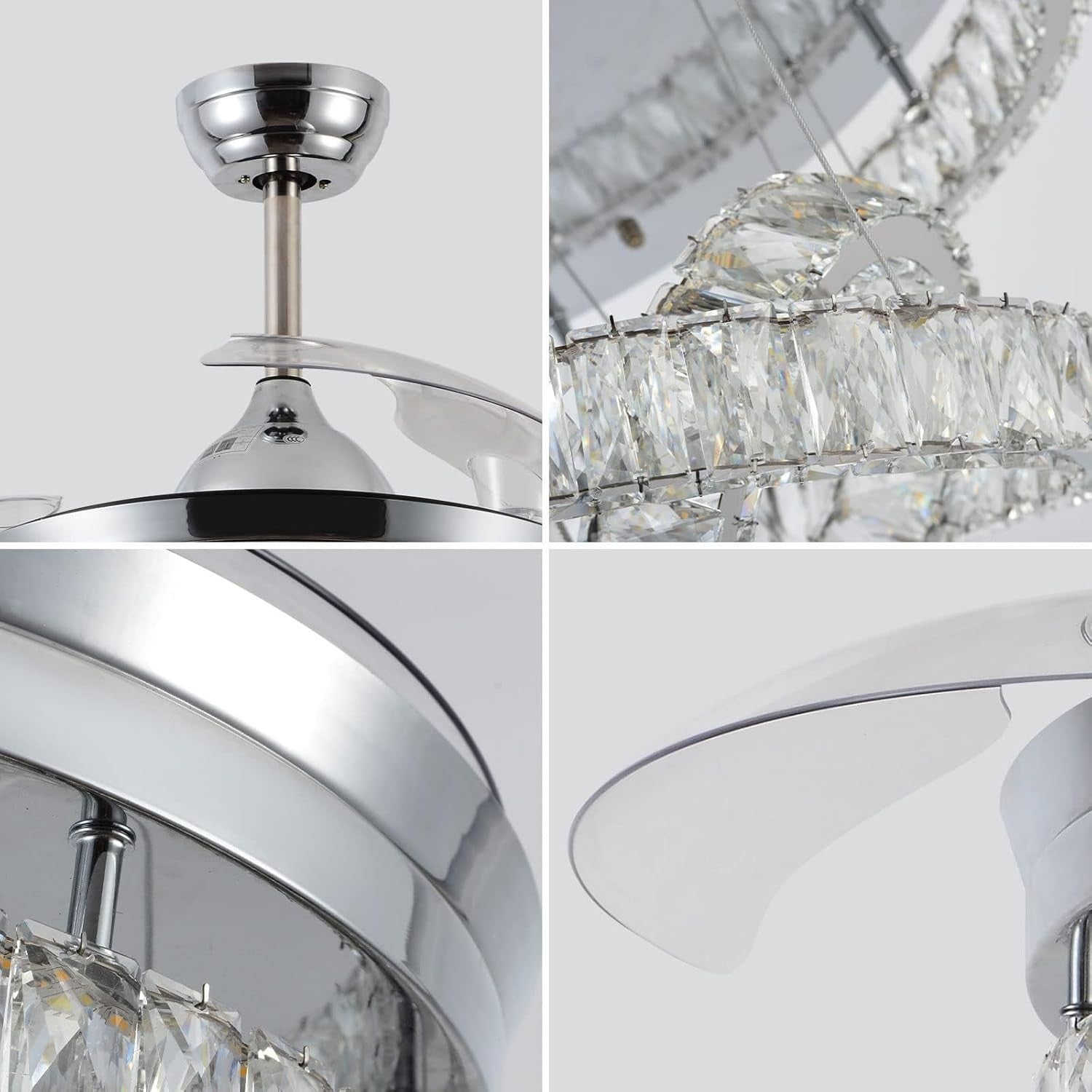 DiiSunBihuo 42" Chrome Fandelier, Crystal Fan, Reversible Motor, 3-Color LED