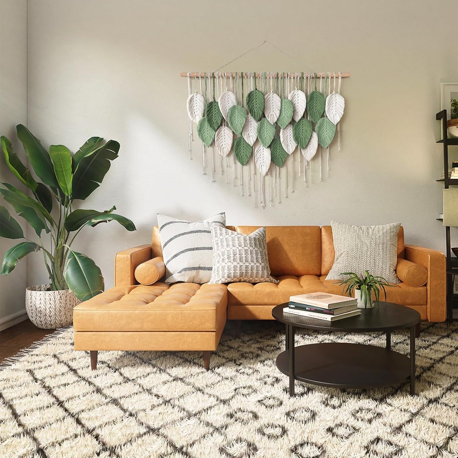 Large Boho Macrame Wall Hanging Leaf Woven Decor Beige