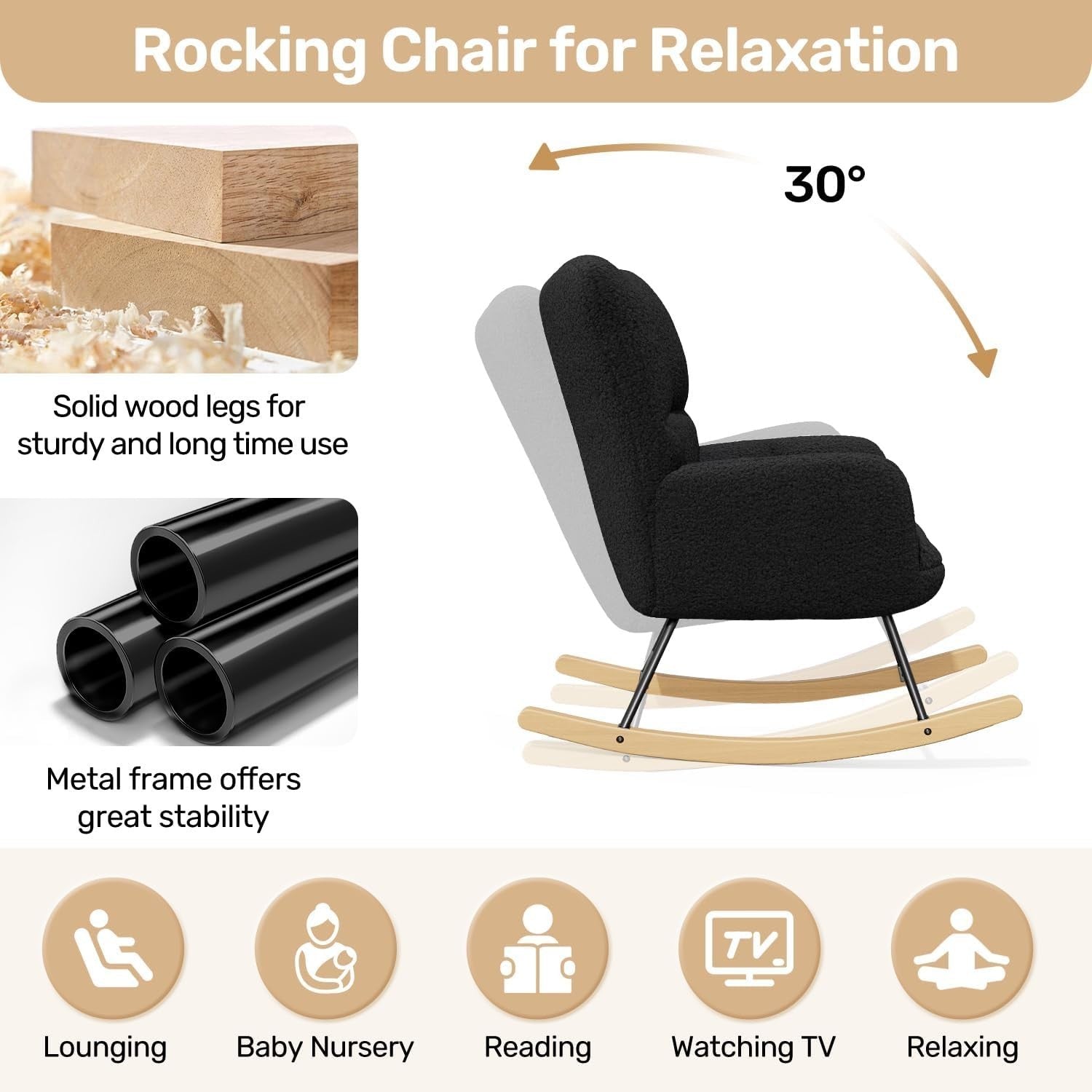 Comfy Tufted Rocking Chair High Back Memory Foam Load 136kg Living Room