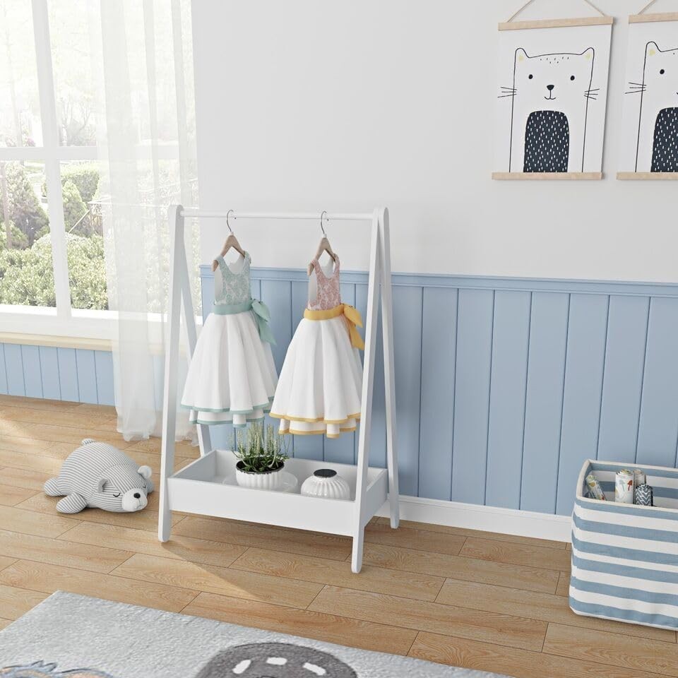 Kids Wooden Dress Up Clothes Rail with Shelf – White