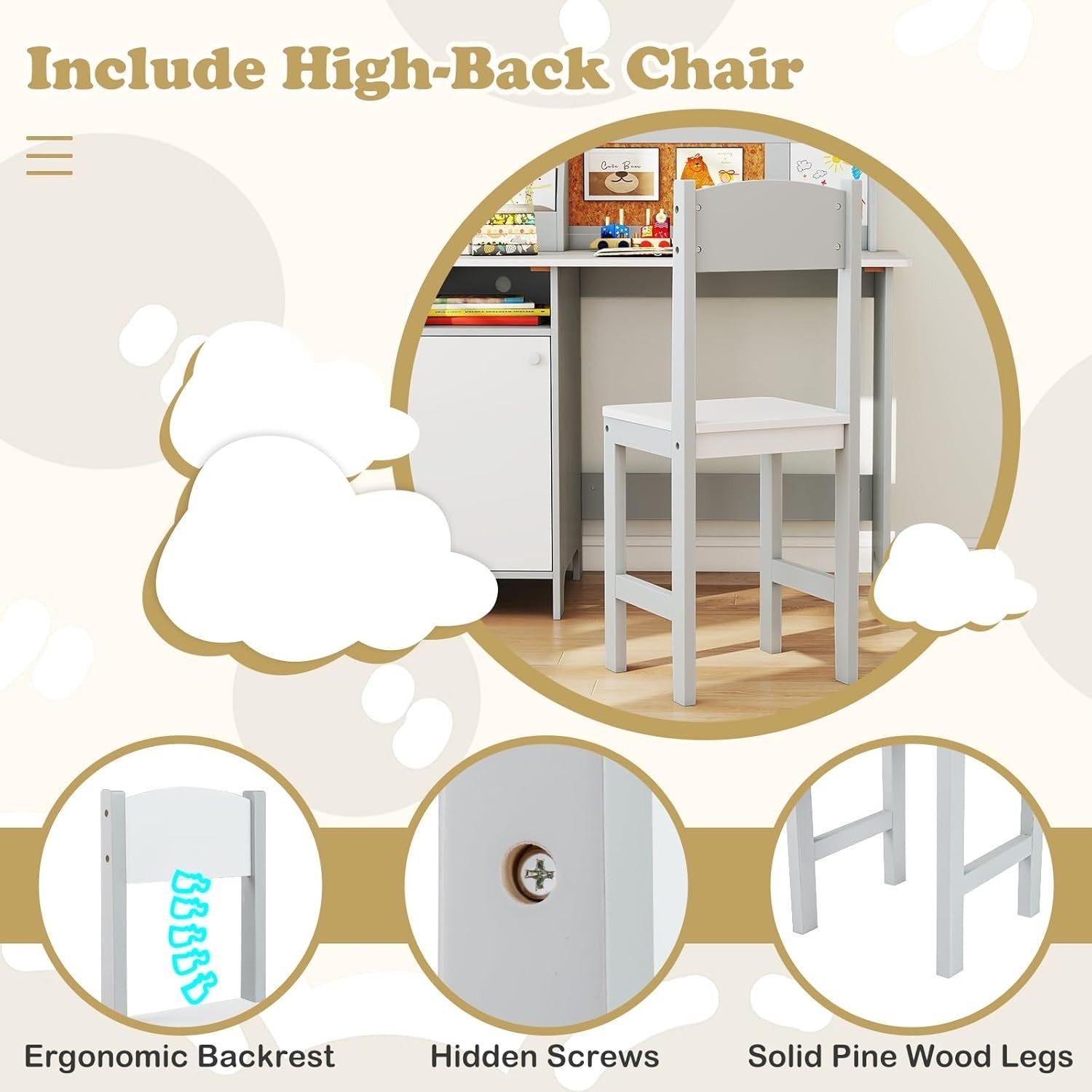 Kids Wooden Desk and Chair Set with Storage White Grey Study Table