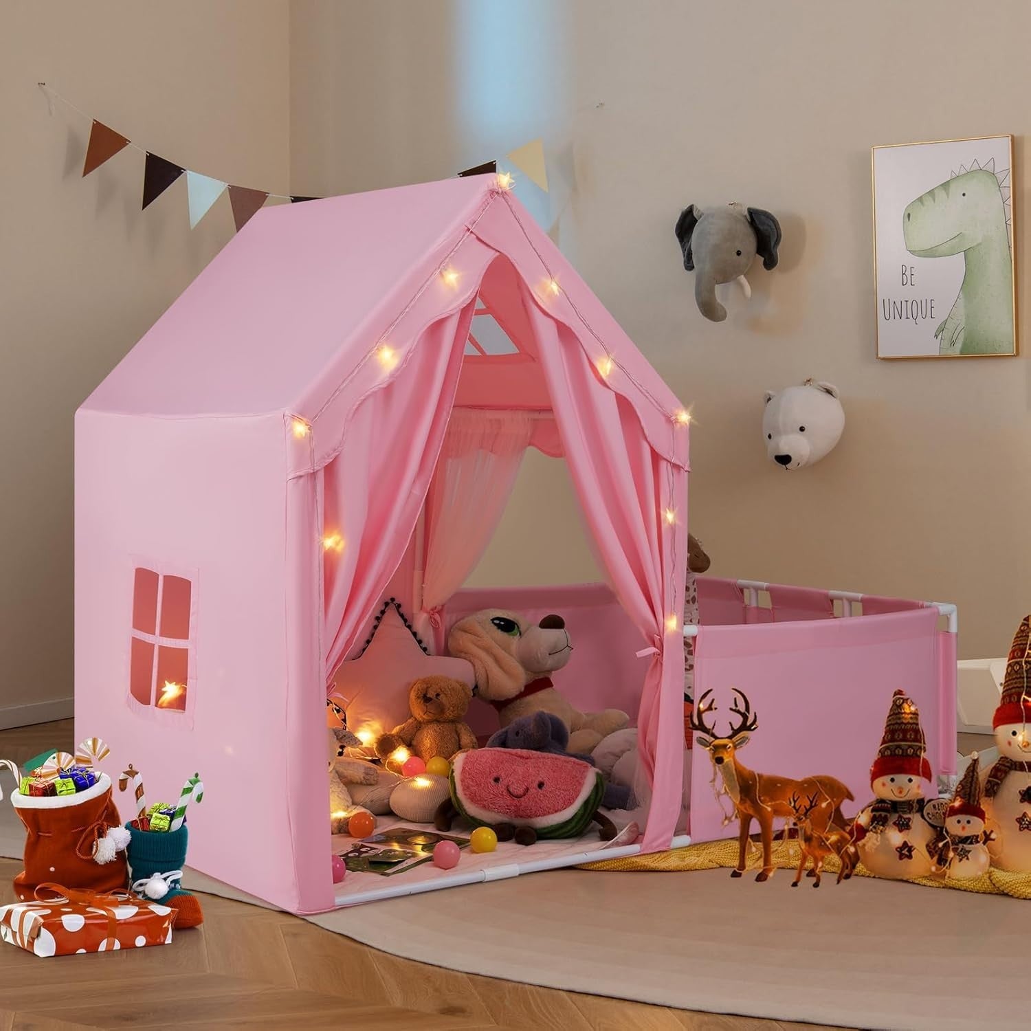 Kids Play Tent Pink Castle with Lights Mat Indoor Toddler Playhouse