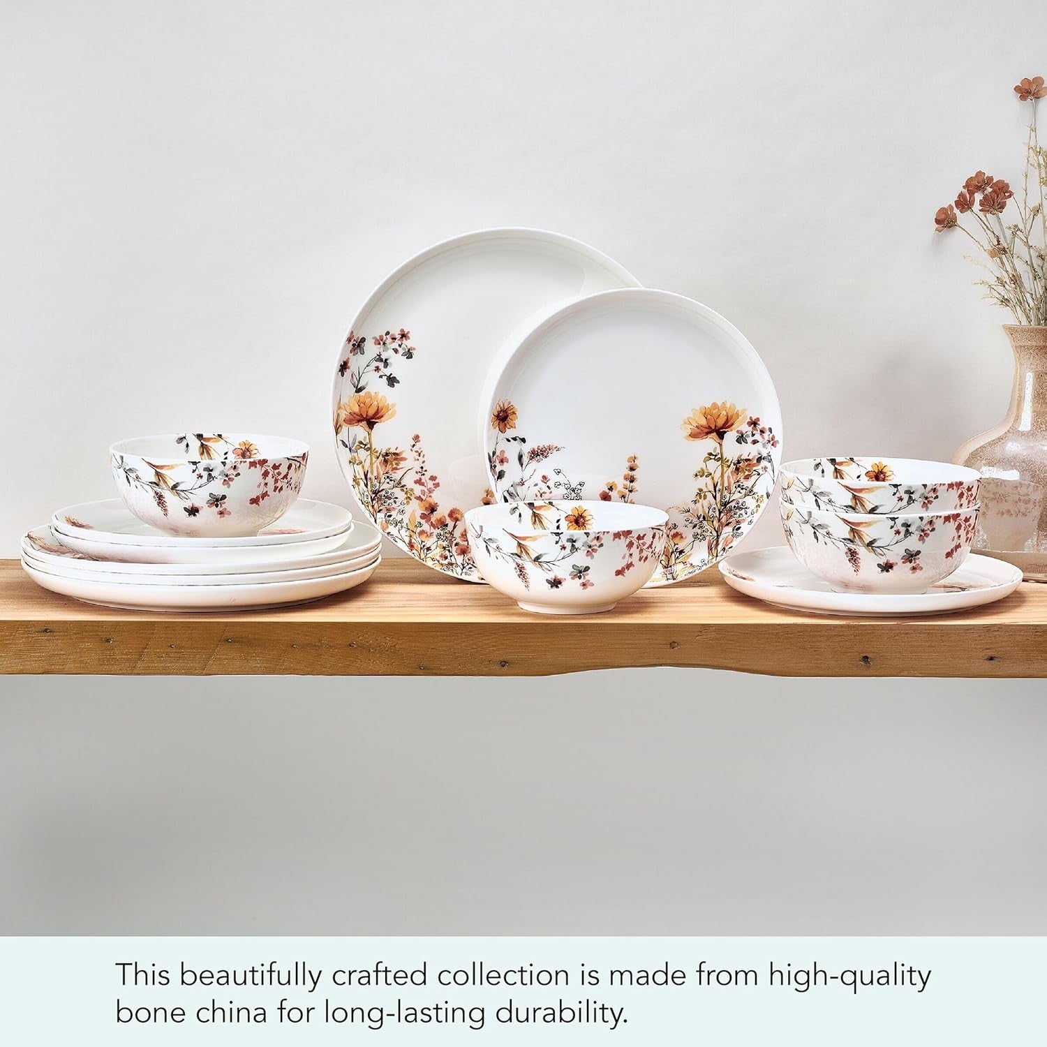 12pc Floral Bone China Dinnerware Set Lightweight Chip Resistant Plates Bowls