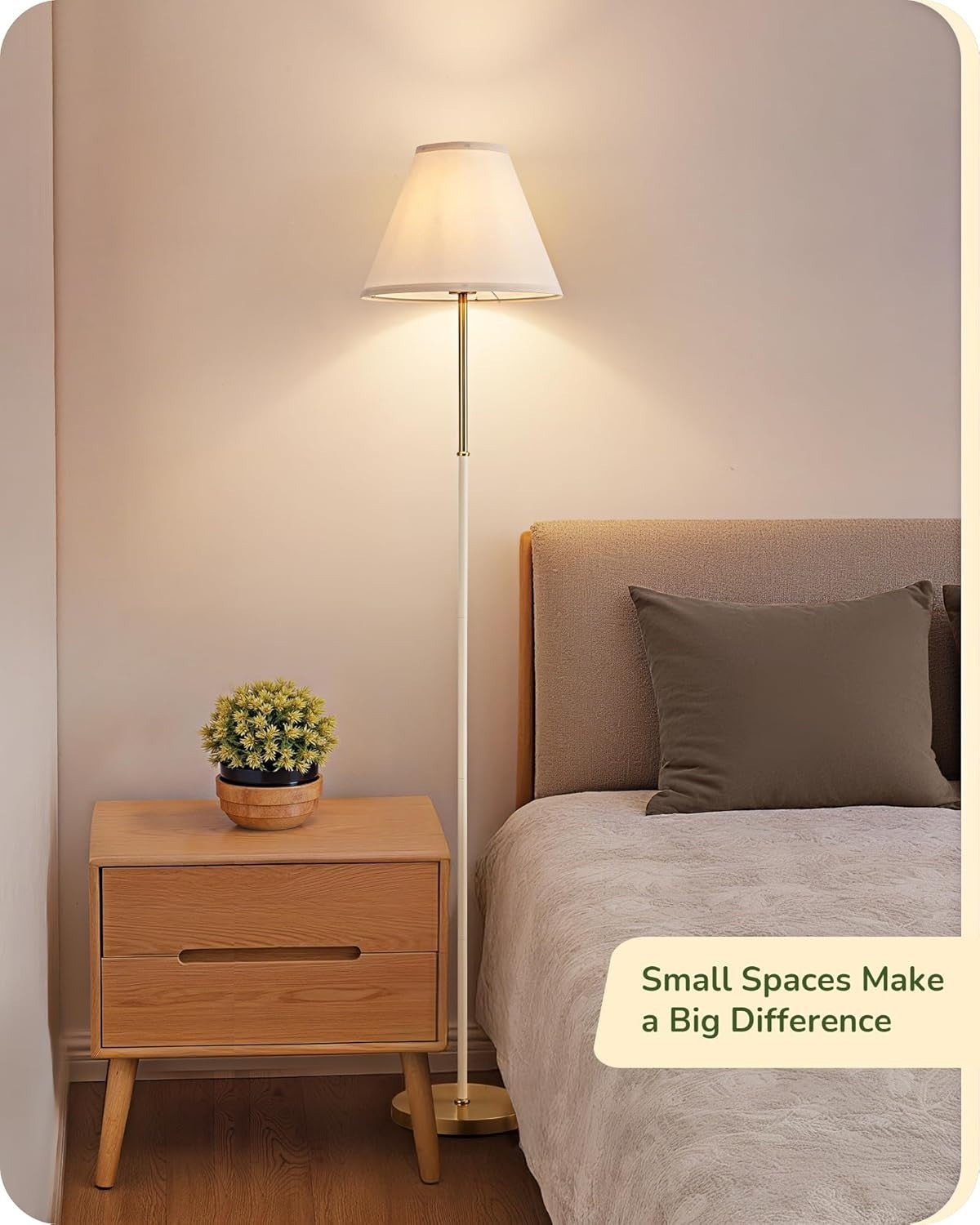 Vintage Cream White Floor Lamp Tall LED Standing Light Linen Shade 2700K