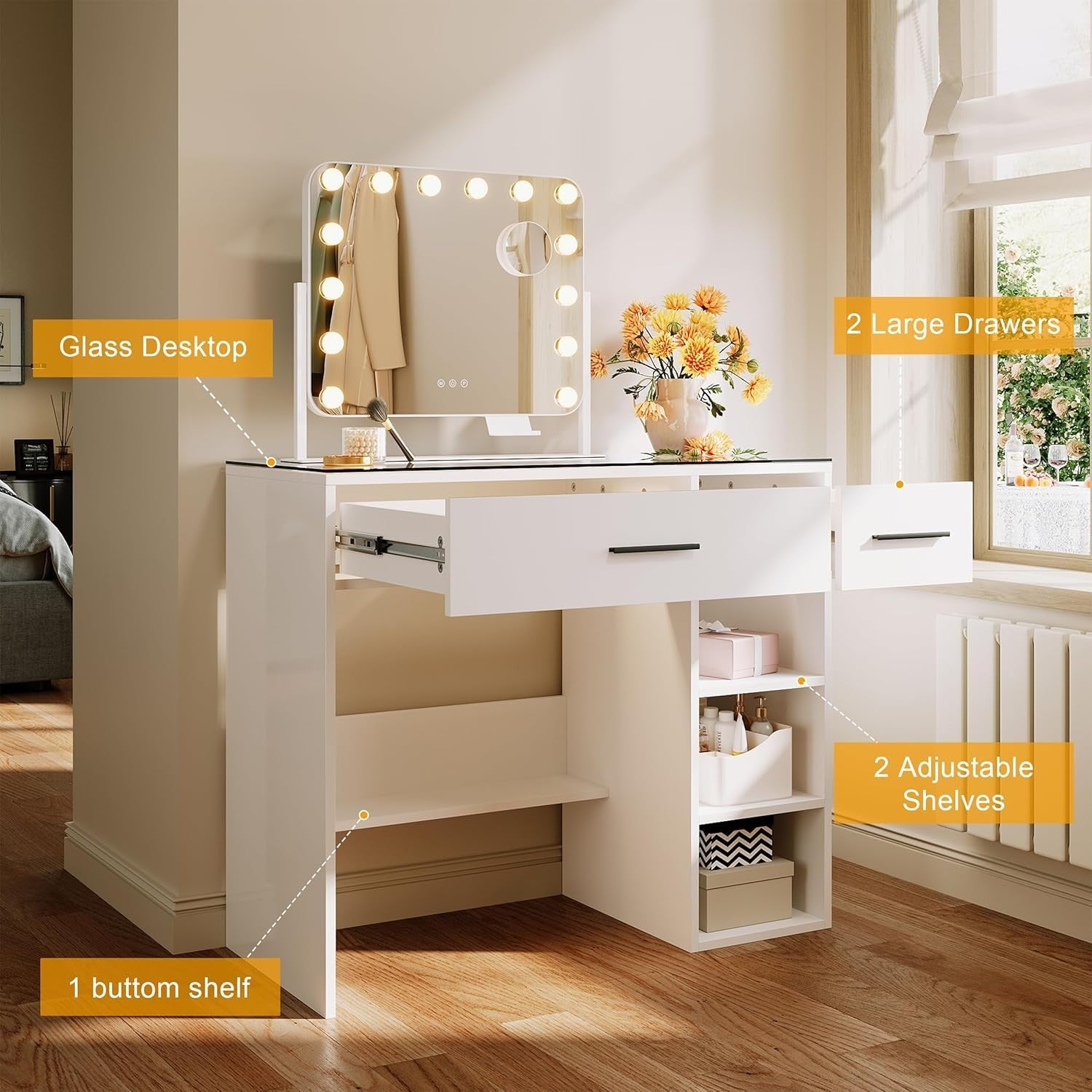 Vanity Dressing Table White Gloss Glass Top Makeup Desk 2 Drawers Storage New