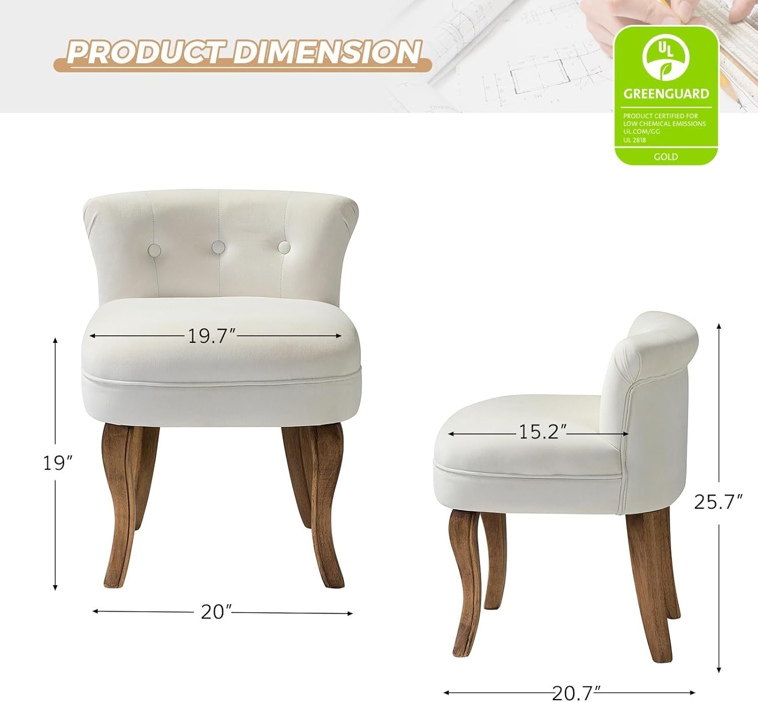 Ivory Velvet Vanity Stool – Low Back Upholstered Makeup Chair with Wood Legs