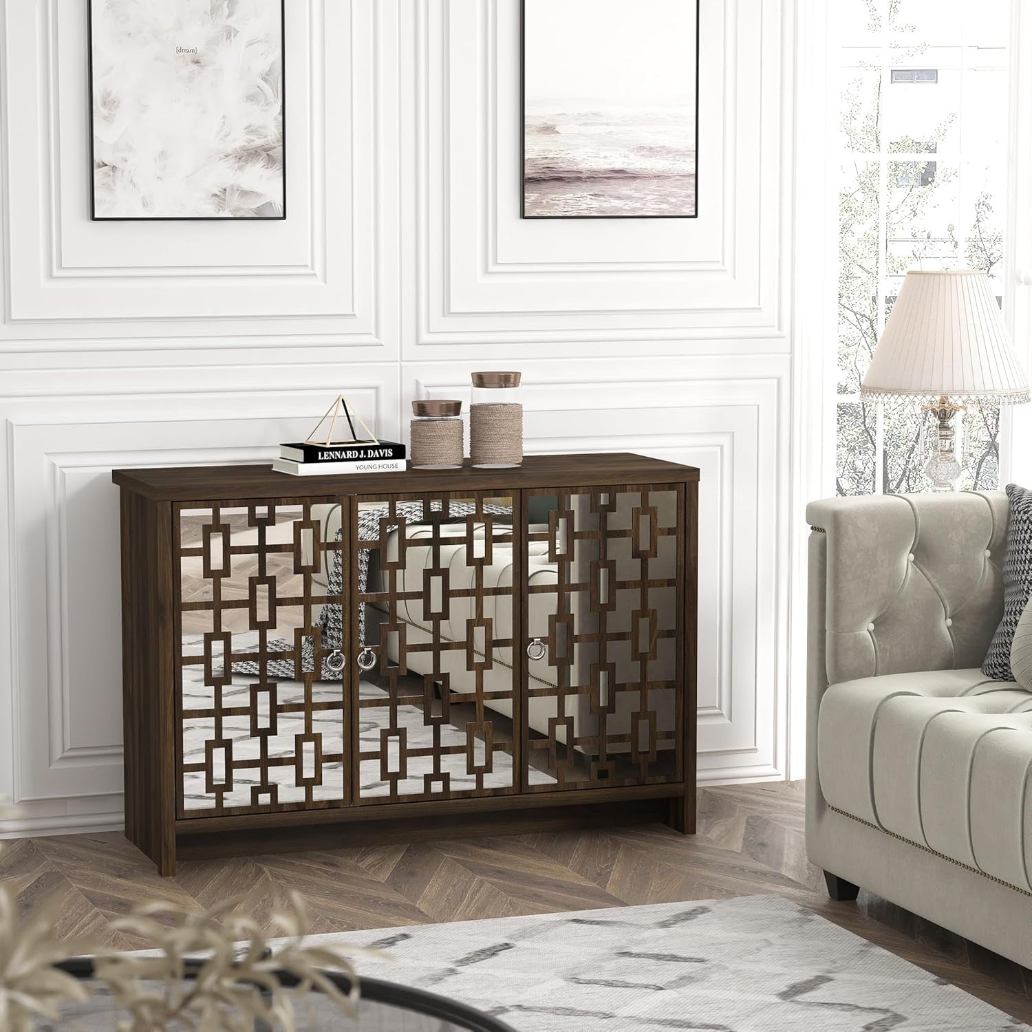 Mirrored Sideboard 3 Door Walnut Storage Cabinet Modern Hallway