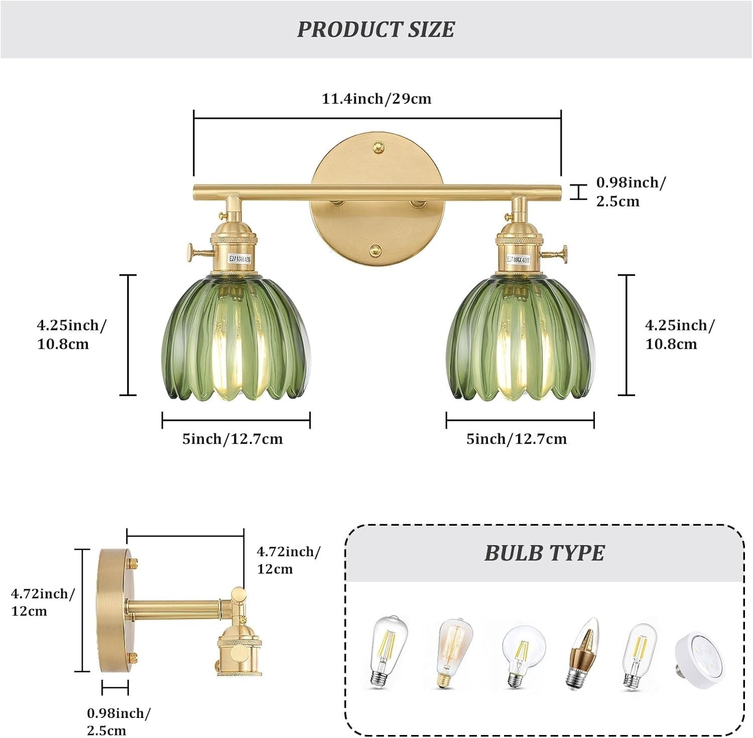 2-Light Green Glass Wall Sconce Vanity Light Brass Fixture for Bathroom