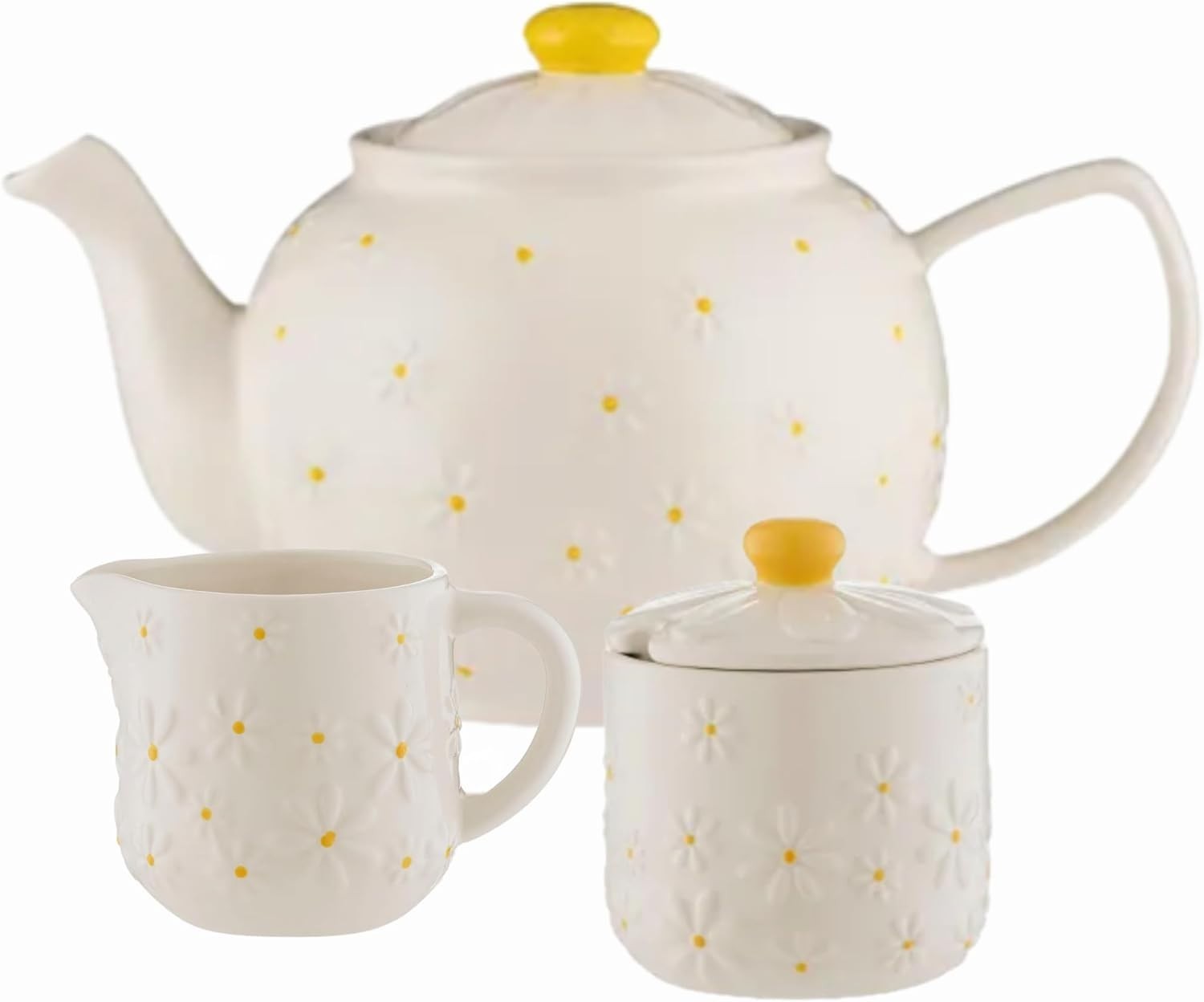 Ceramic Tea Set 3 Piece Teapot Creamer Sugar Bowl Daisy Pattern 1L