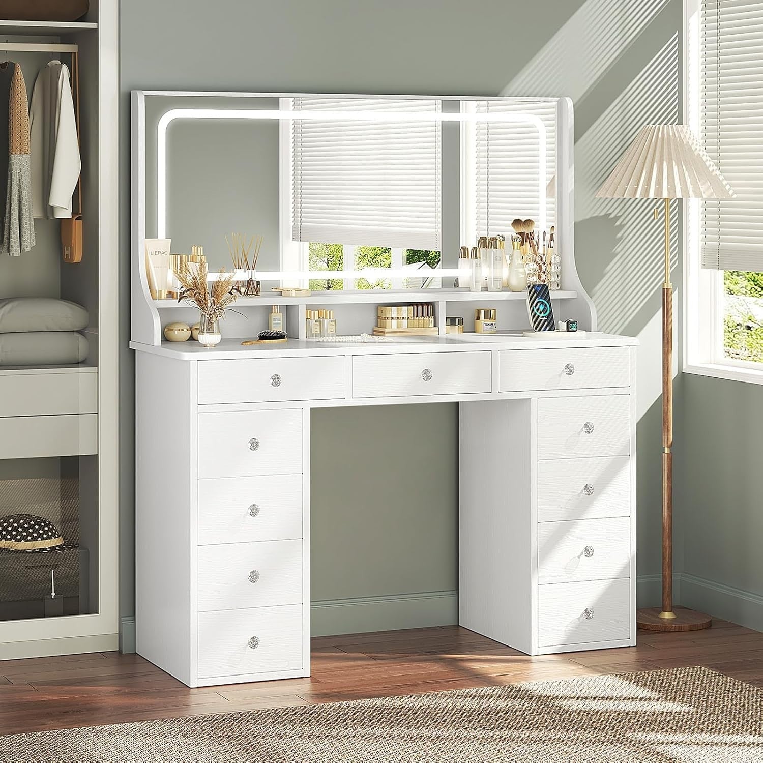 Large White Vanity Dressing Table Desk 11 Drawers LED Mirror Makeup Storage