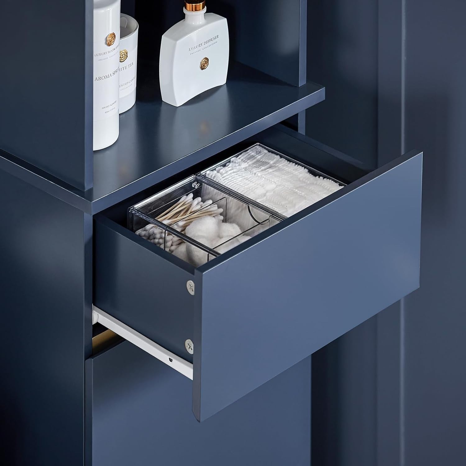 Slim Tall Bathroom Storage Cabinet with Drawer & 3 Shelves, Blue 35x30x170 cm